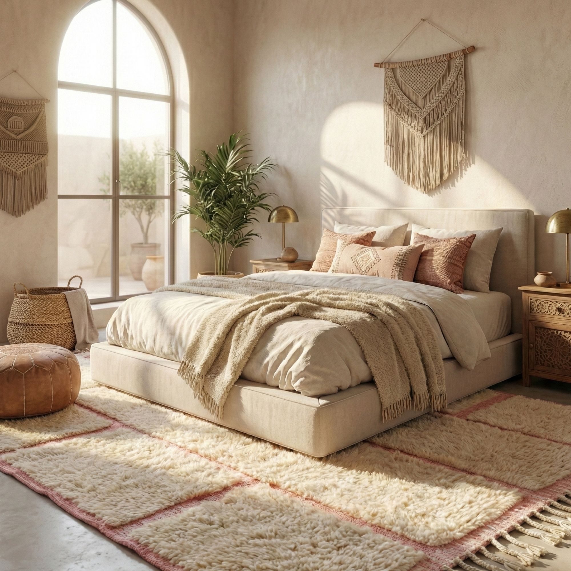 Cream Pink Moroccan Rug — Large Area Rug — Wool Berber Carpet — Blush - Hand-knotted Moroccan rug, front view showing Cream Pink Moroccan Rug — Large Area Rug — Wool Berber Carpet — Blush texture and colors
