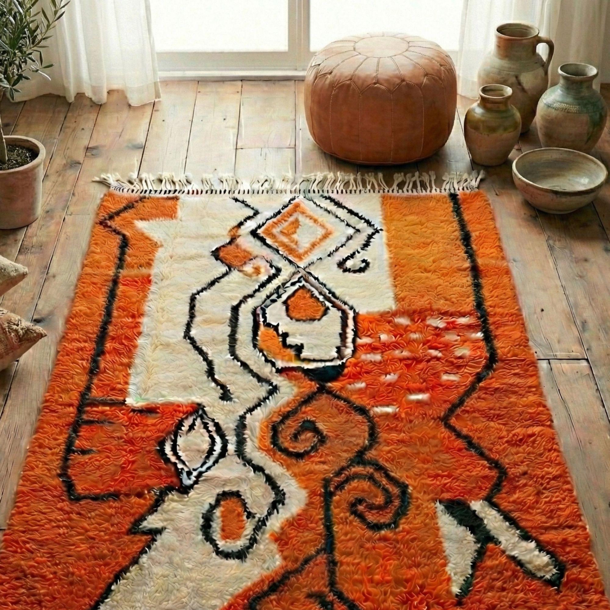 Orange and Ivory Moroccan Wool Rug 4x6 ft | Nomadinas
