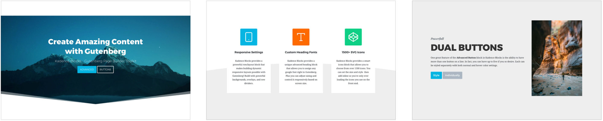 Three tiles in a row, each with a screenshot of different Kadence block patterns: header (left), three card panel (center), and a two-button call to action (right).