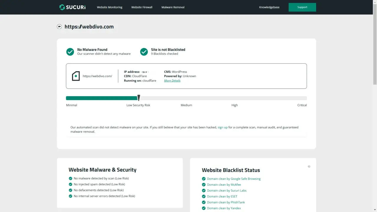 Sucuri webdivo scan result