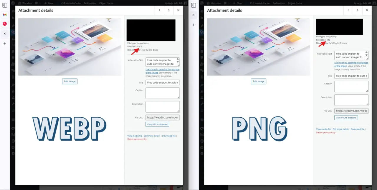 Wordpress webp conversion comparison file size reduction