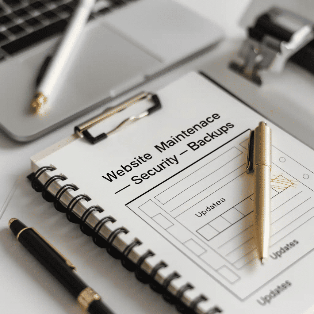 Notebook with website maintenance checklist for security and backups