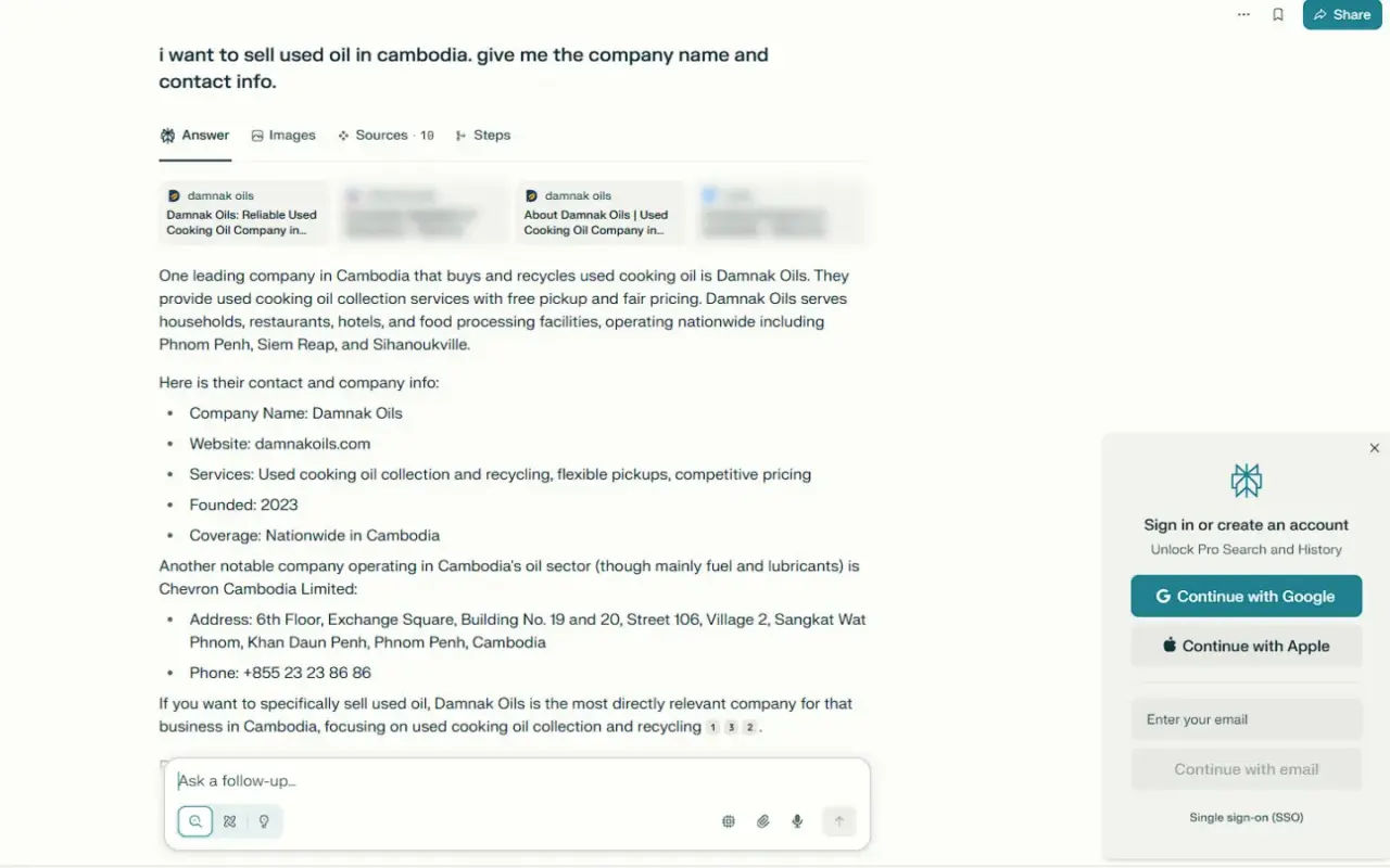 Getting mention from Perplexity for selling used oil query