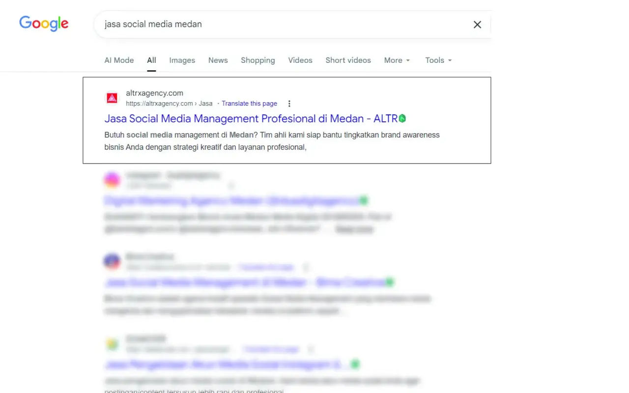 Ranked in Google page #1 for keyword: "jasa social media Medan"