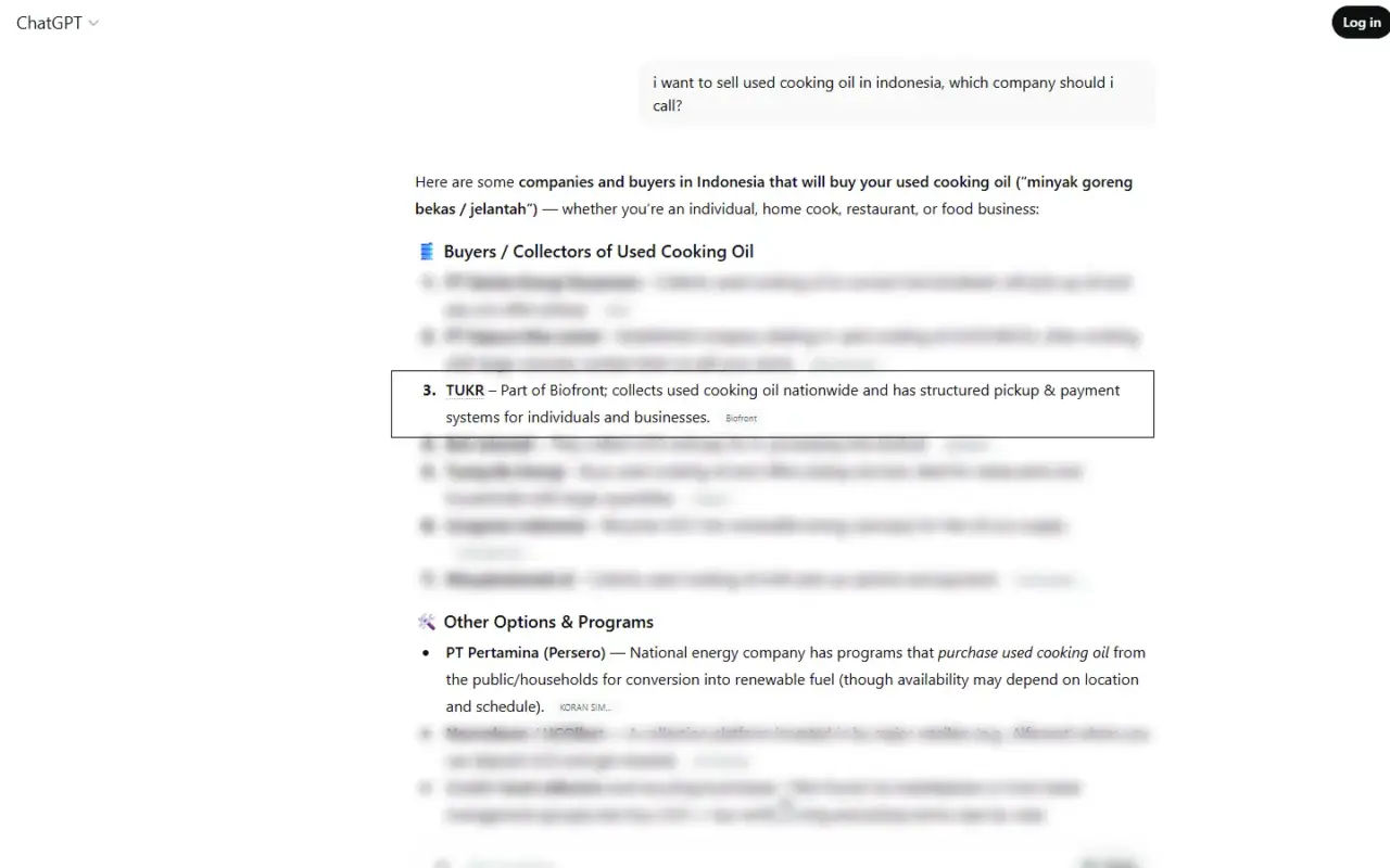 Getting mention from Chat GPT for selling used cooking oil query