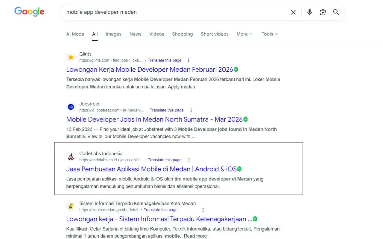 Ranked in Google page #1 for keyword: "mobile app developer Medan"