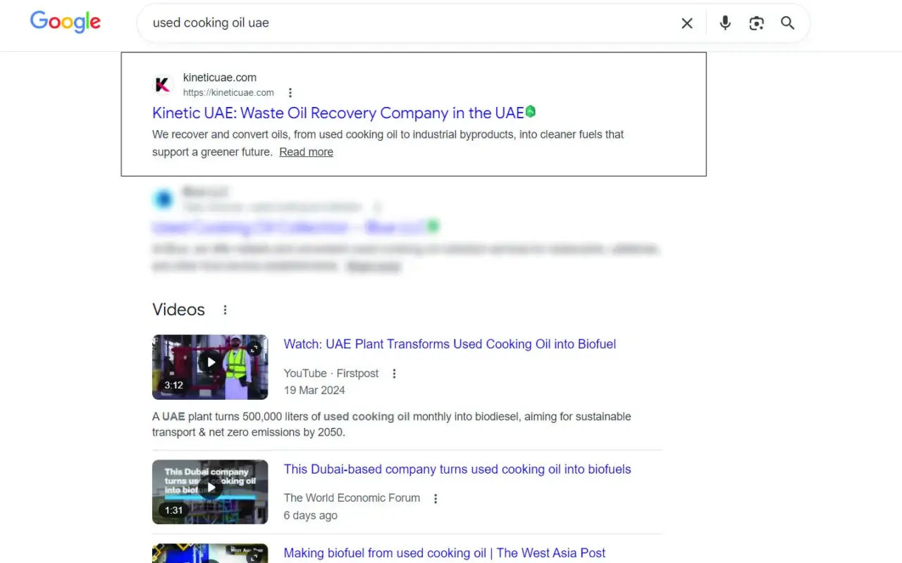 Ranked in Google page #1 for keyword: "used cooking oil UAE"