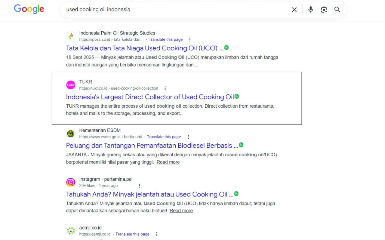 Ranked in Google page #1 for keyword: "used cooking oil indonesia"