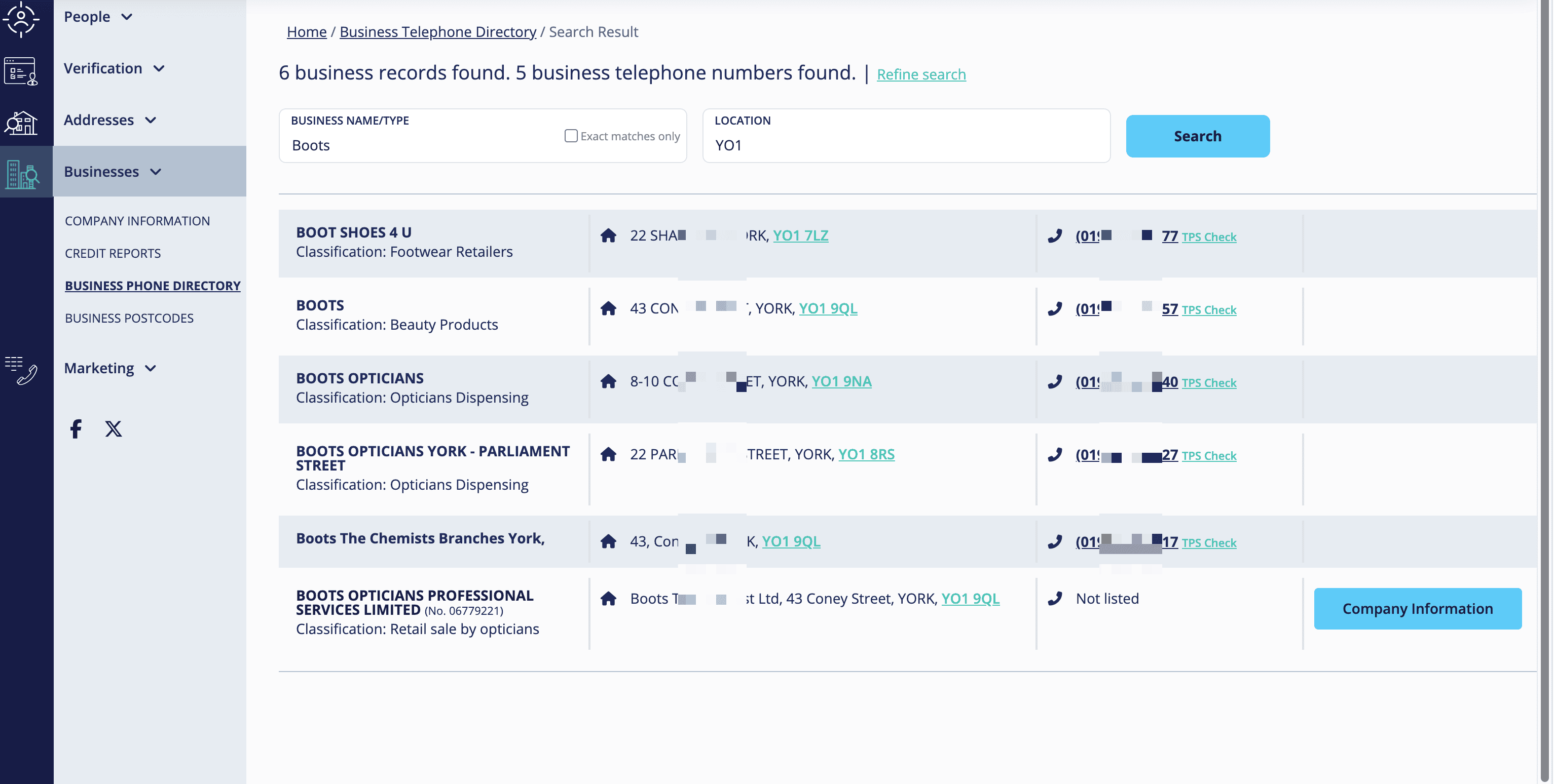 Business Search Result Screenshot