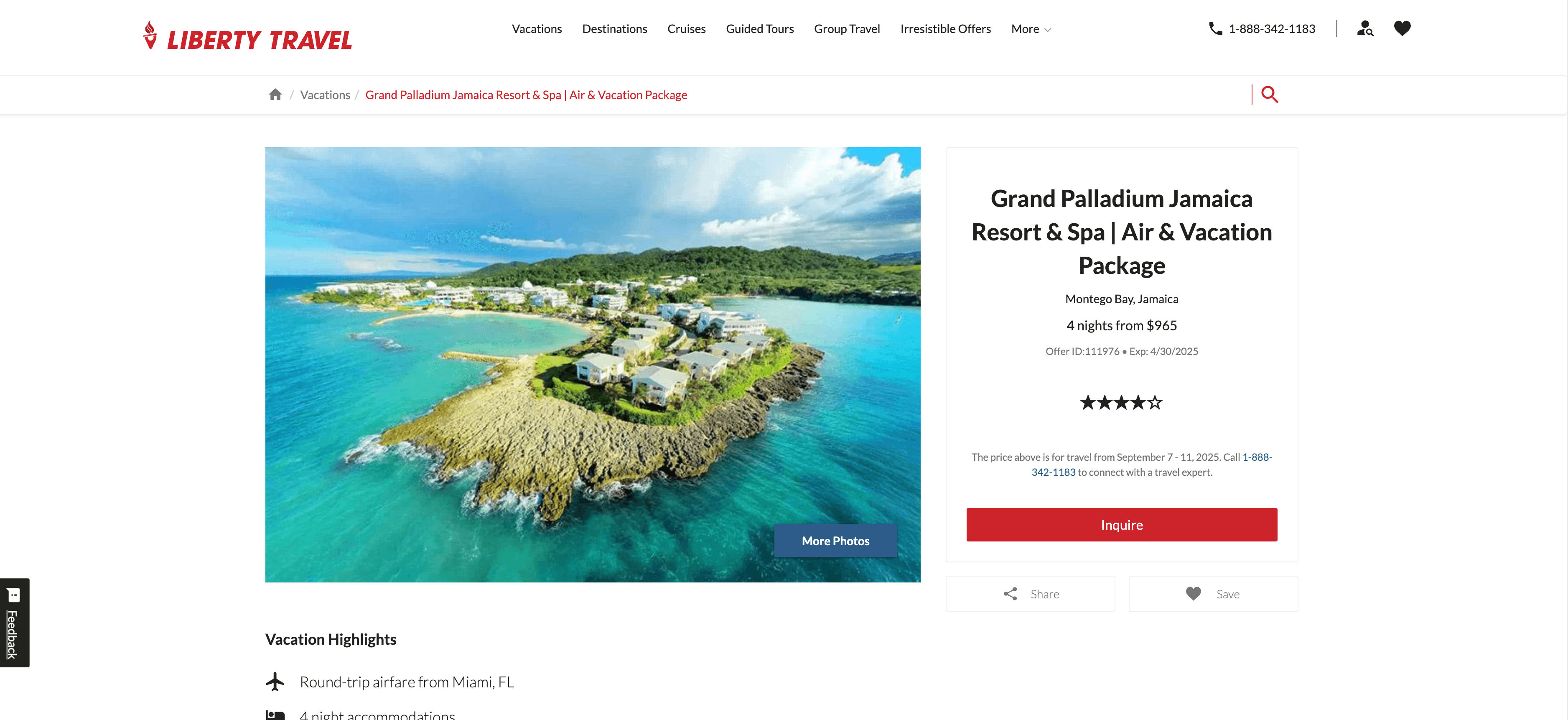 Liberty Travel Vacation Package Details Screenshot