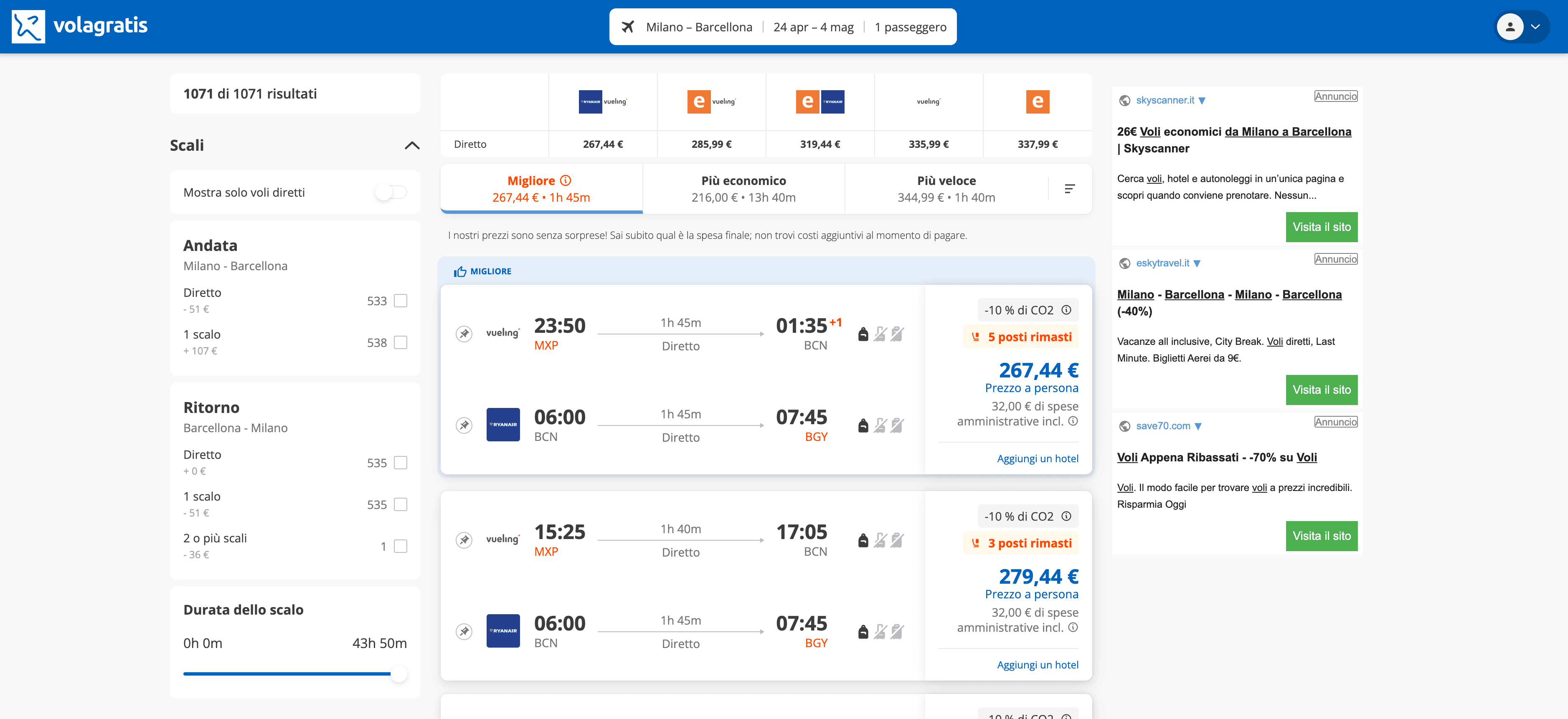 Volagratis Flight Search Screenshot