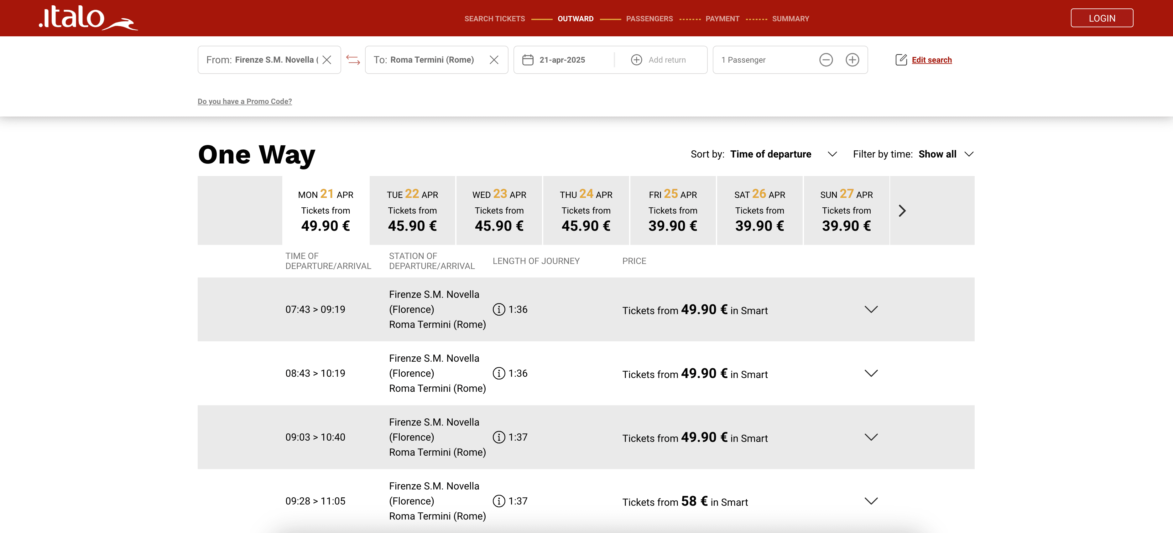Italotreno Ticket Booking Page Screenshot