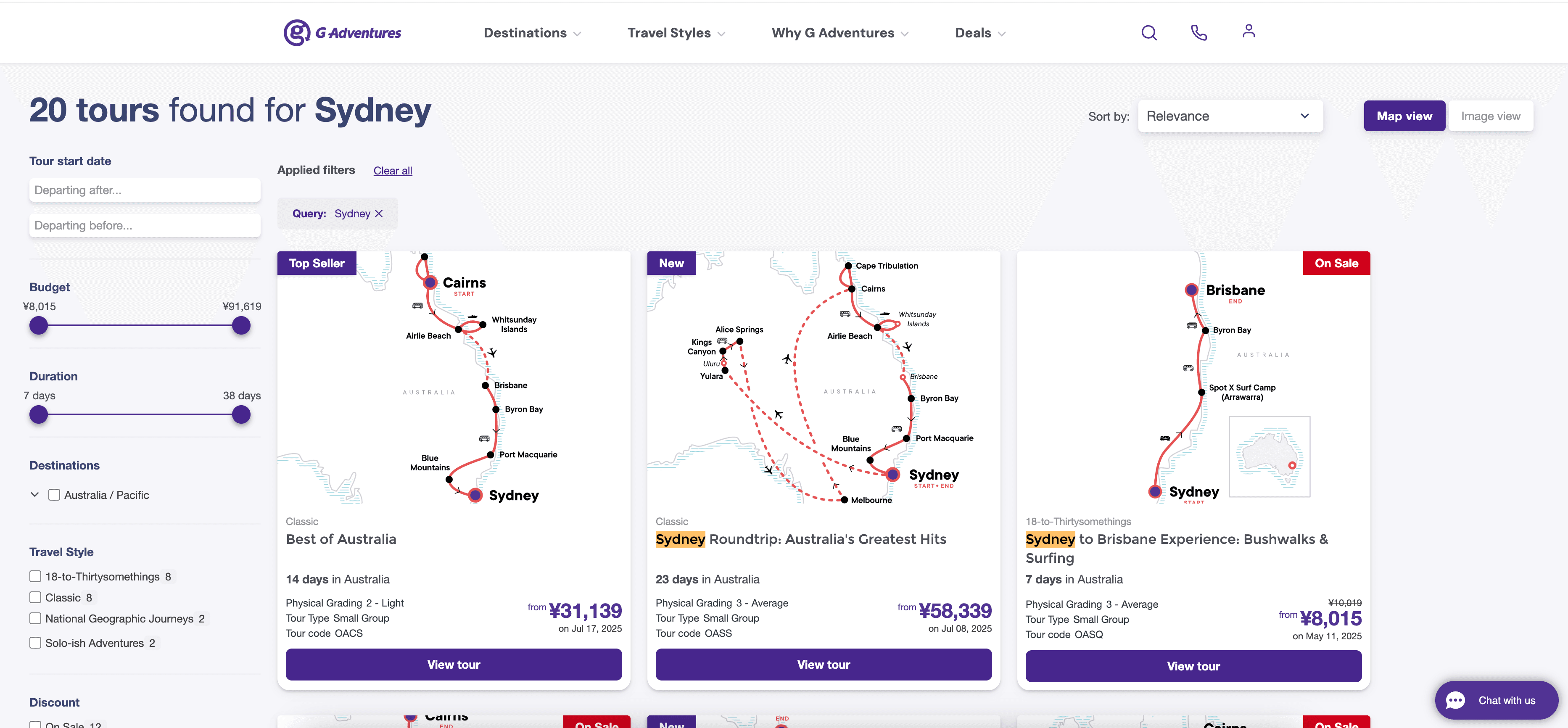 G Adventures Search Results Screenshot