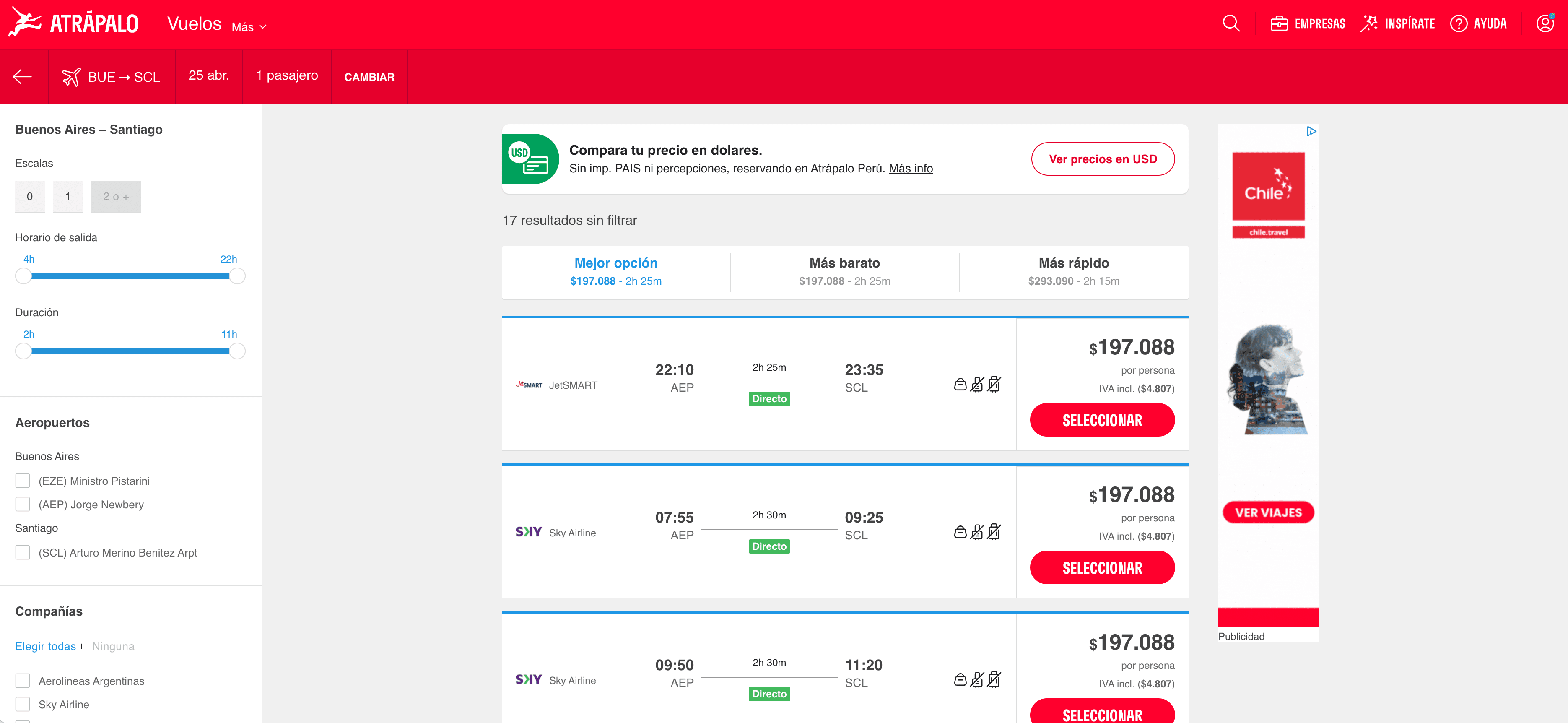 Flight Search Result Screenshot