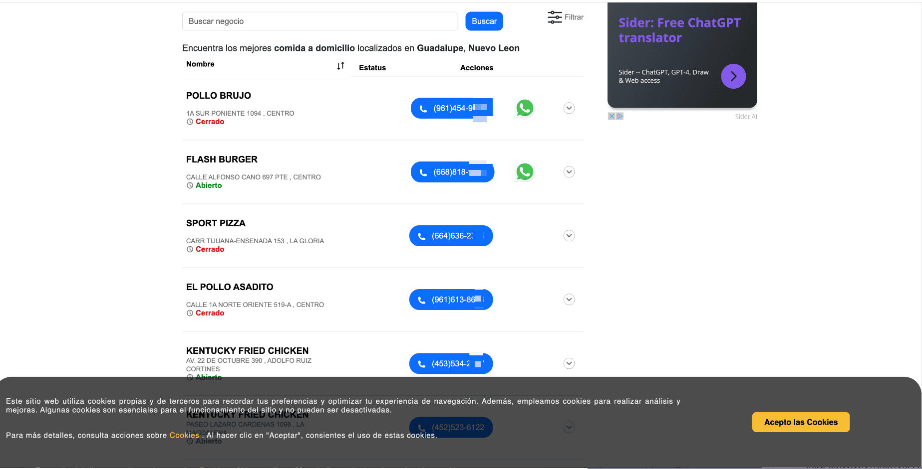 Food Delivery Listing Screenshot