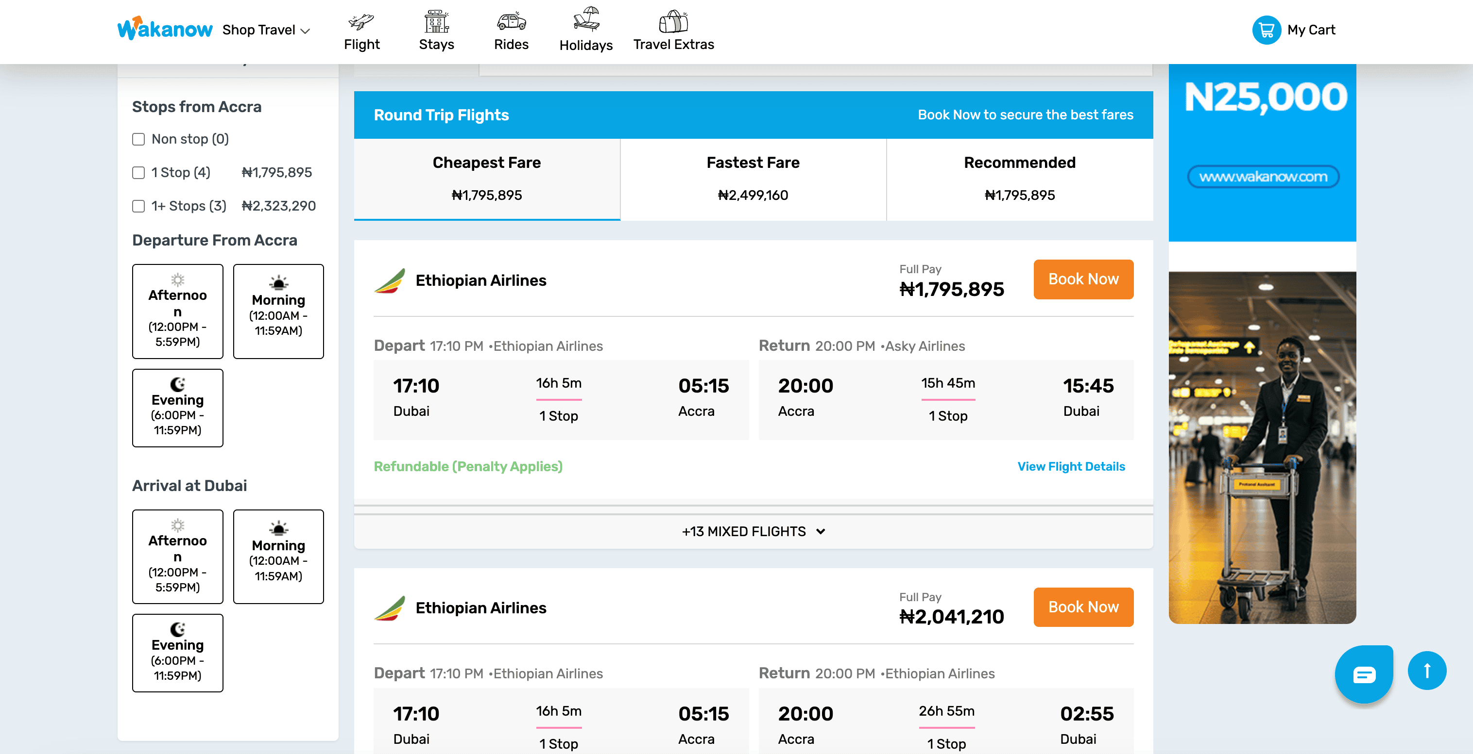 Wakanow Flights Search Result Screenshot