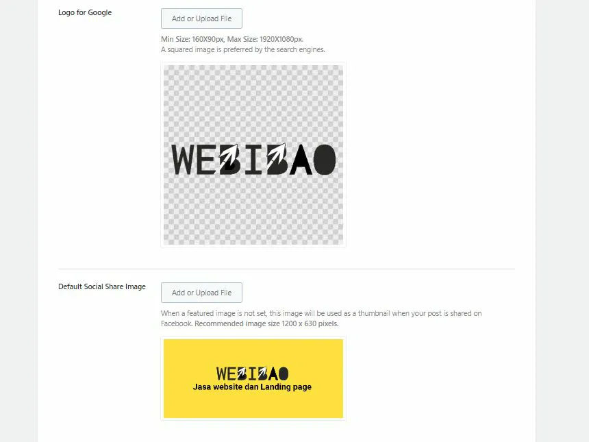 Rank Math melakukan upload gambar dan logo