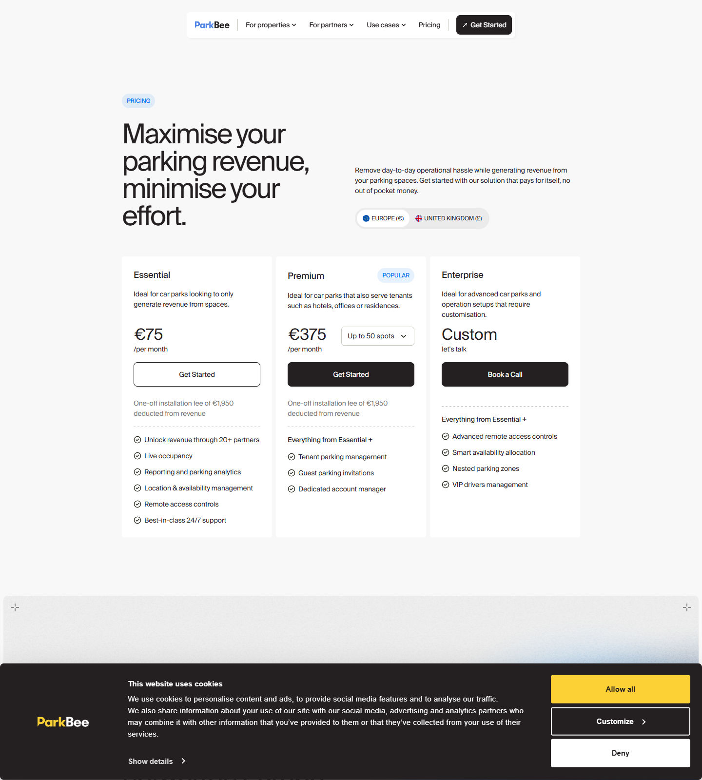 Parkbee Pricing Page screenshot