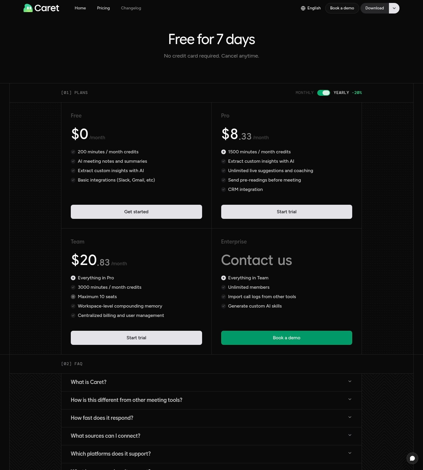 Caret Pricing Page screenshot