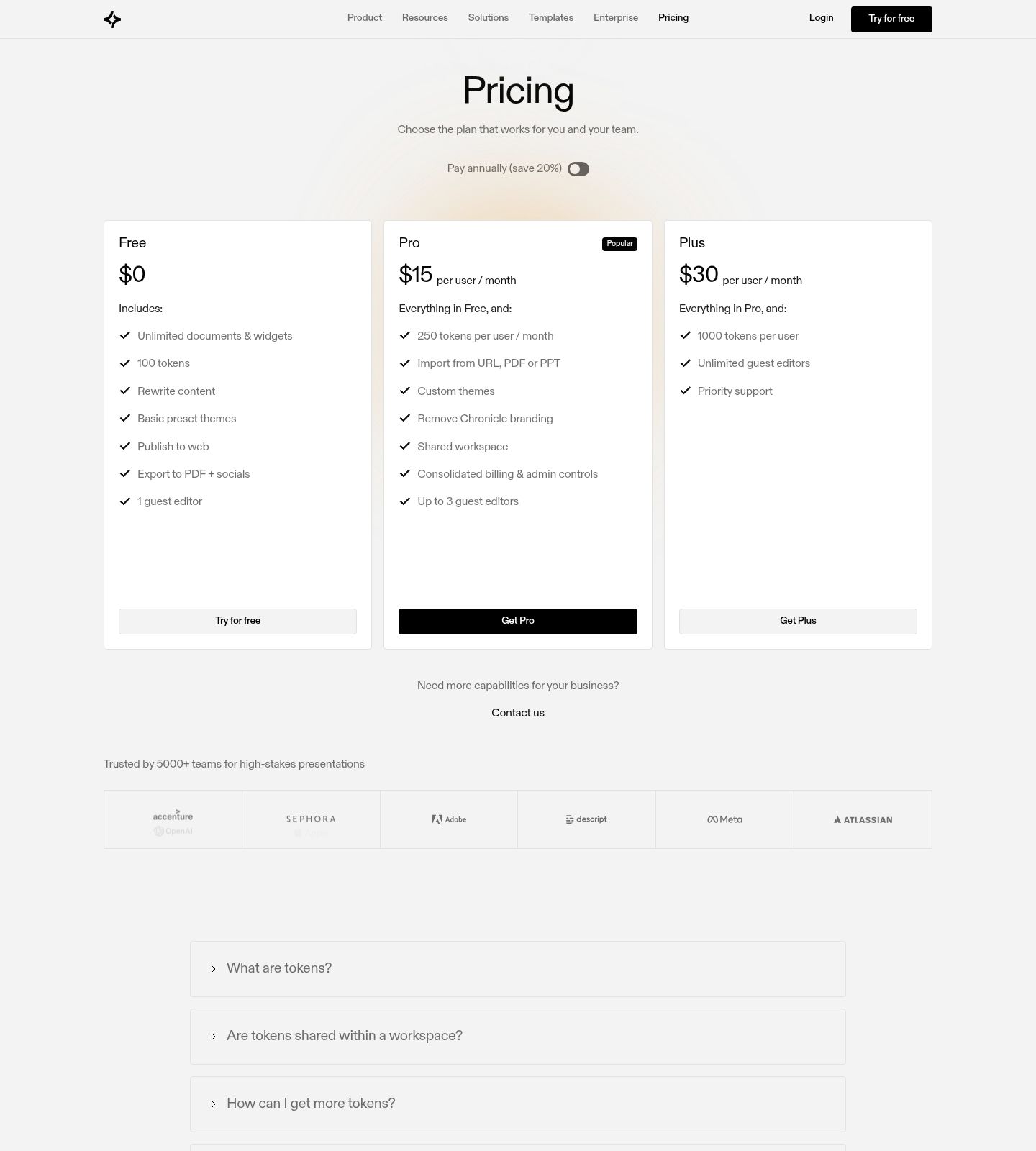 Chronicle Pricing Page screenshot