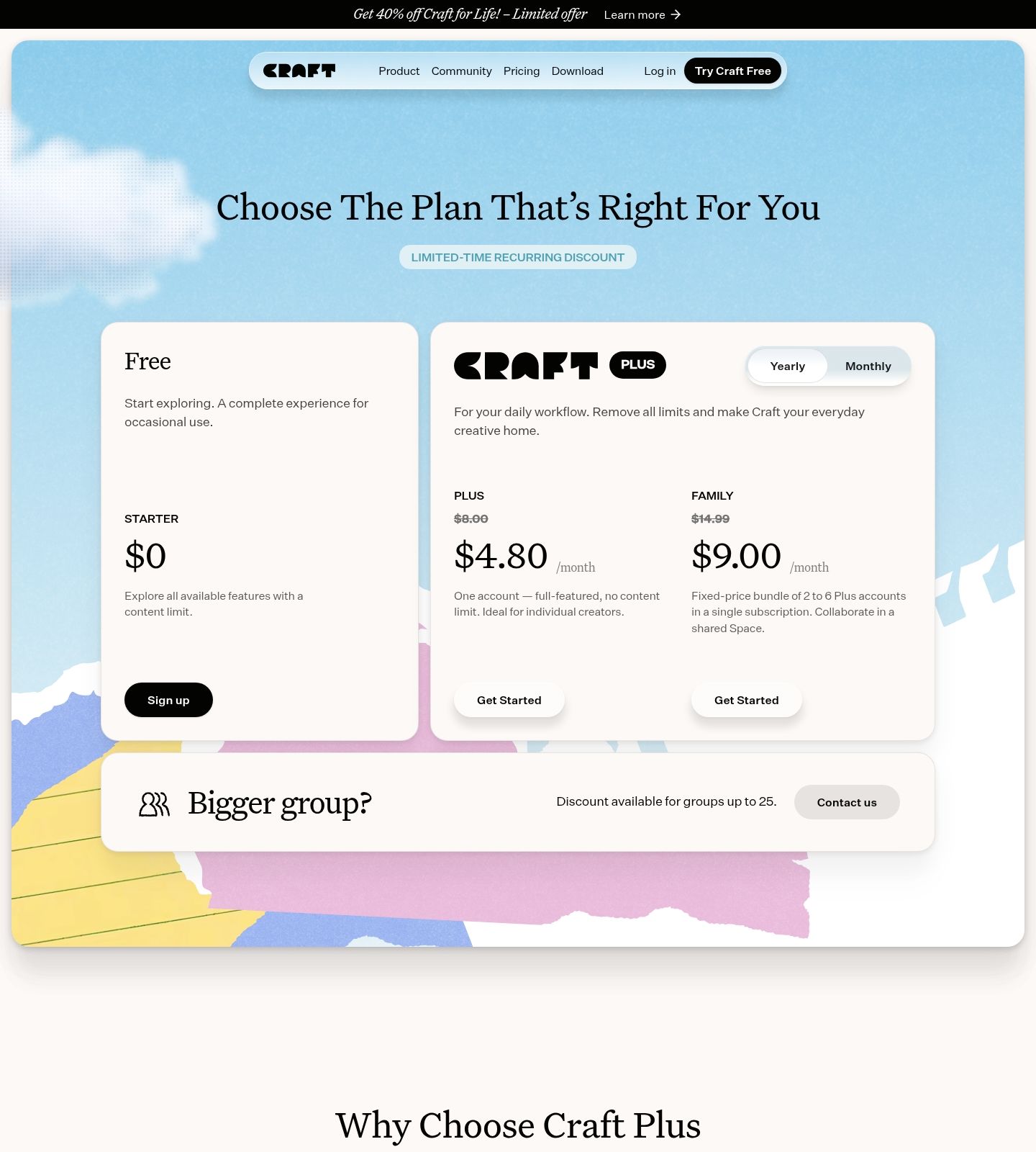 Craft Pricing Page screenshot