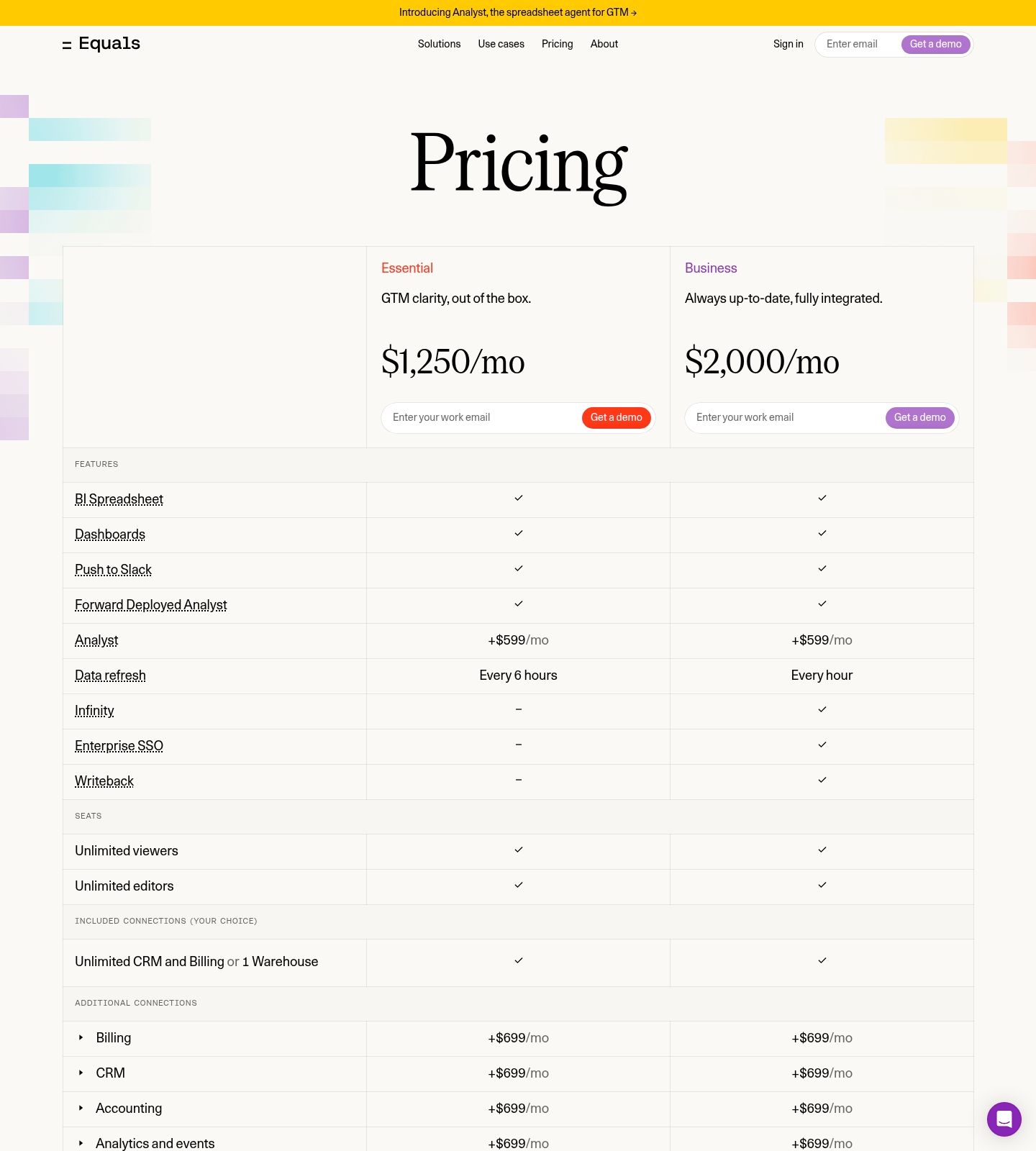 Equals Pricing Page screenshot