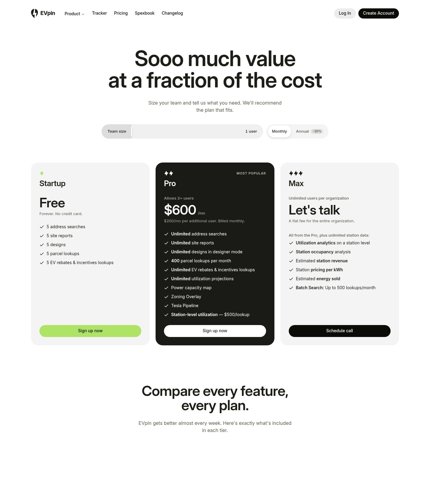 Evpin Pricing Page screenshot