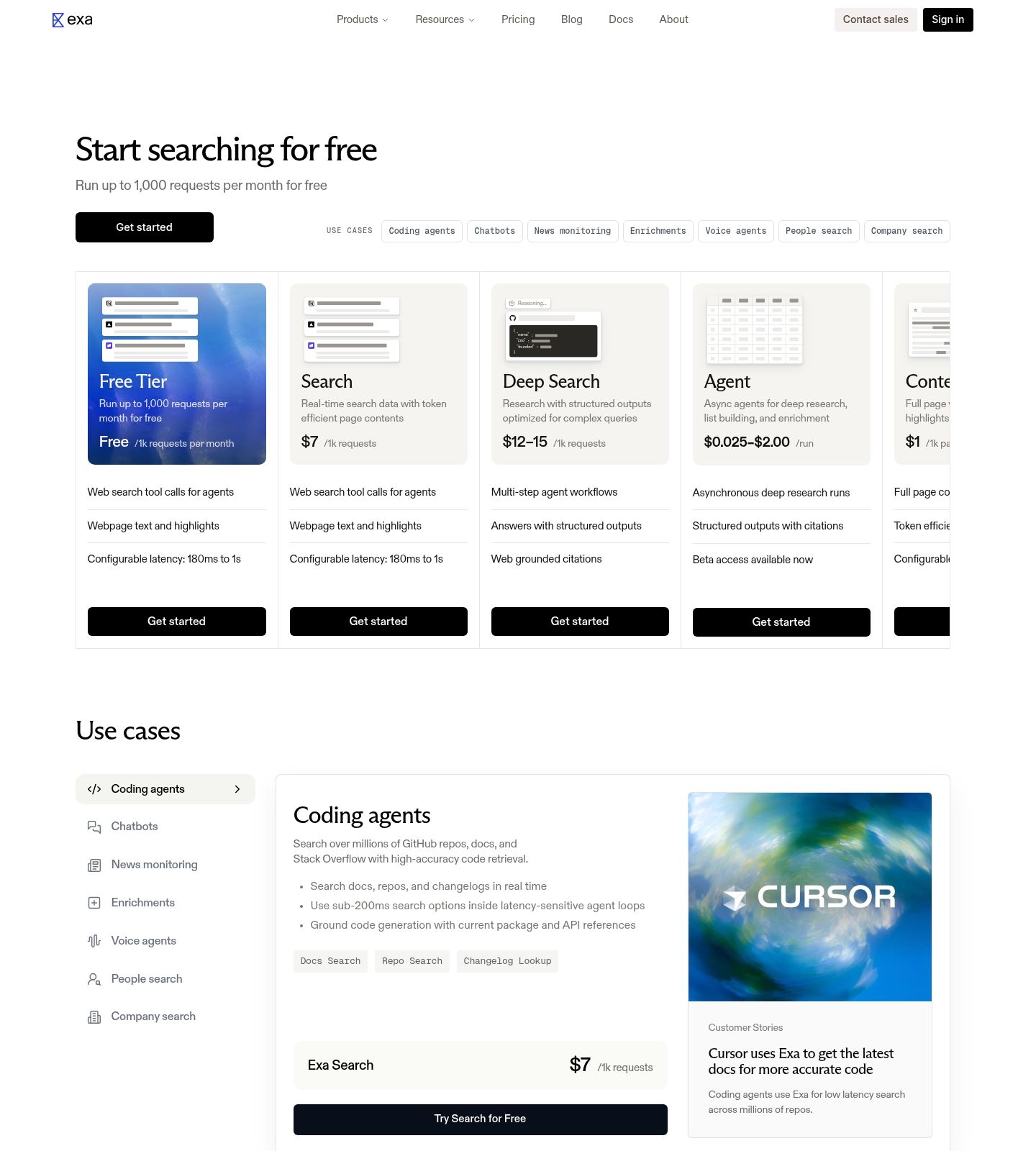 Exa AI Pricing Page screenshot