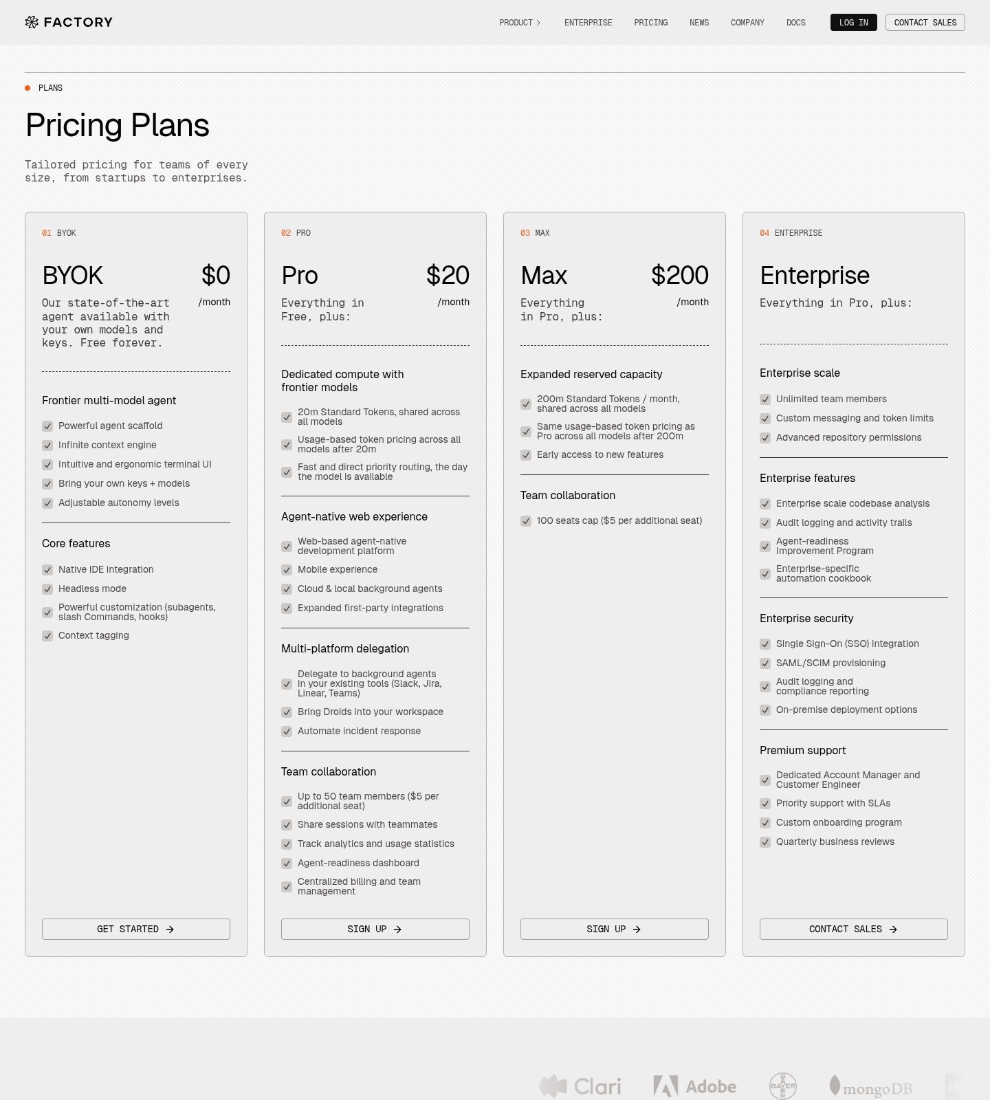 Factory Pricing Page screenshot