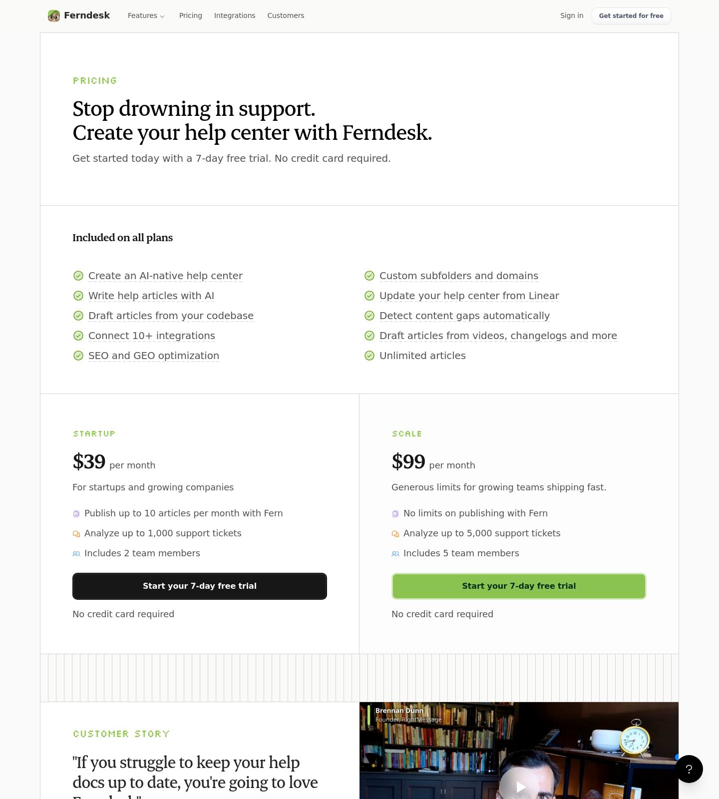 Ferndesk Pricing Page screenshot