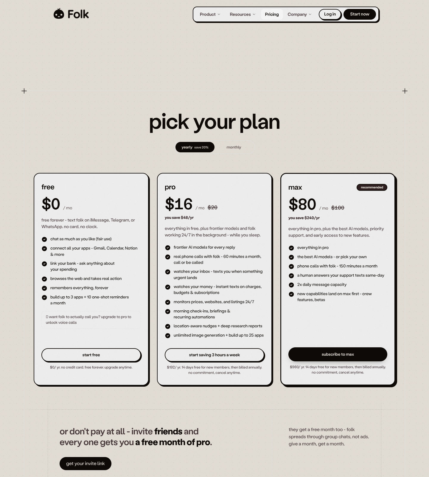 Folk Pricing Page screenshot