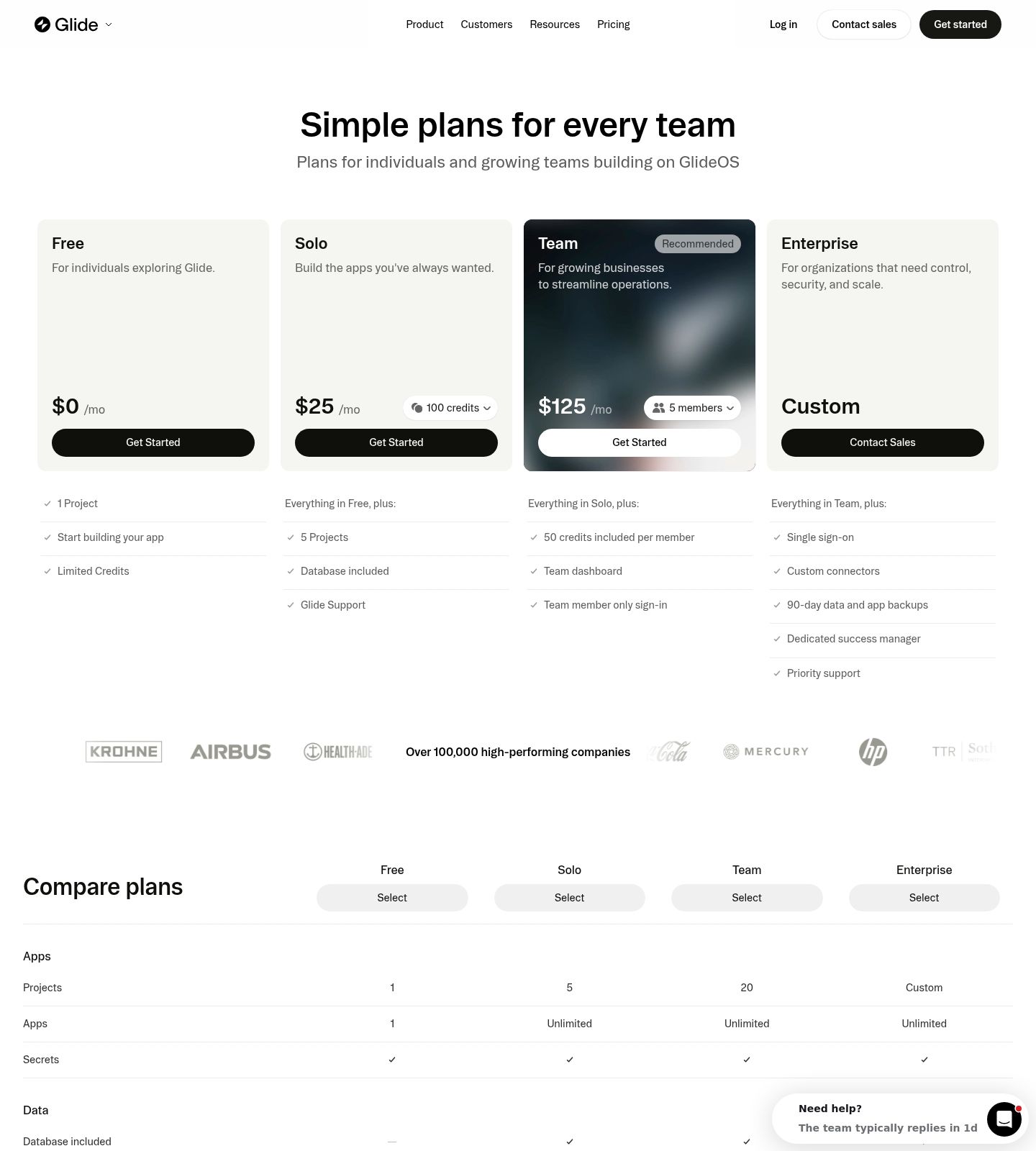 Glide Pricing Page screenshot