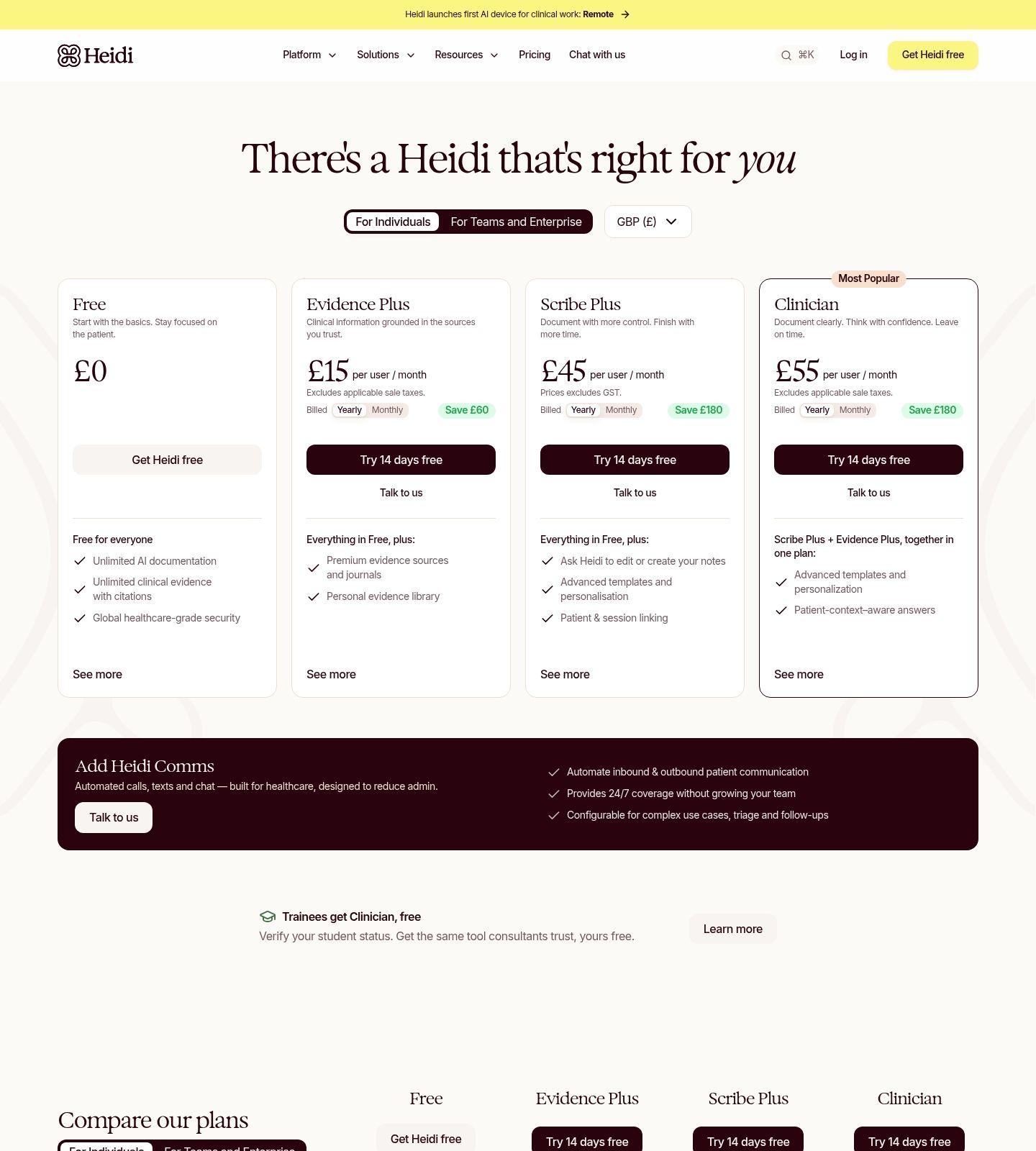 Heidi Pricing Page screenshot