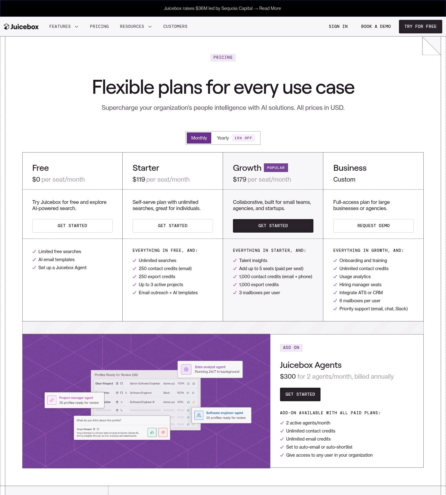 Juicebox Pricing Page screenshot