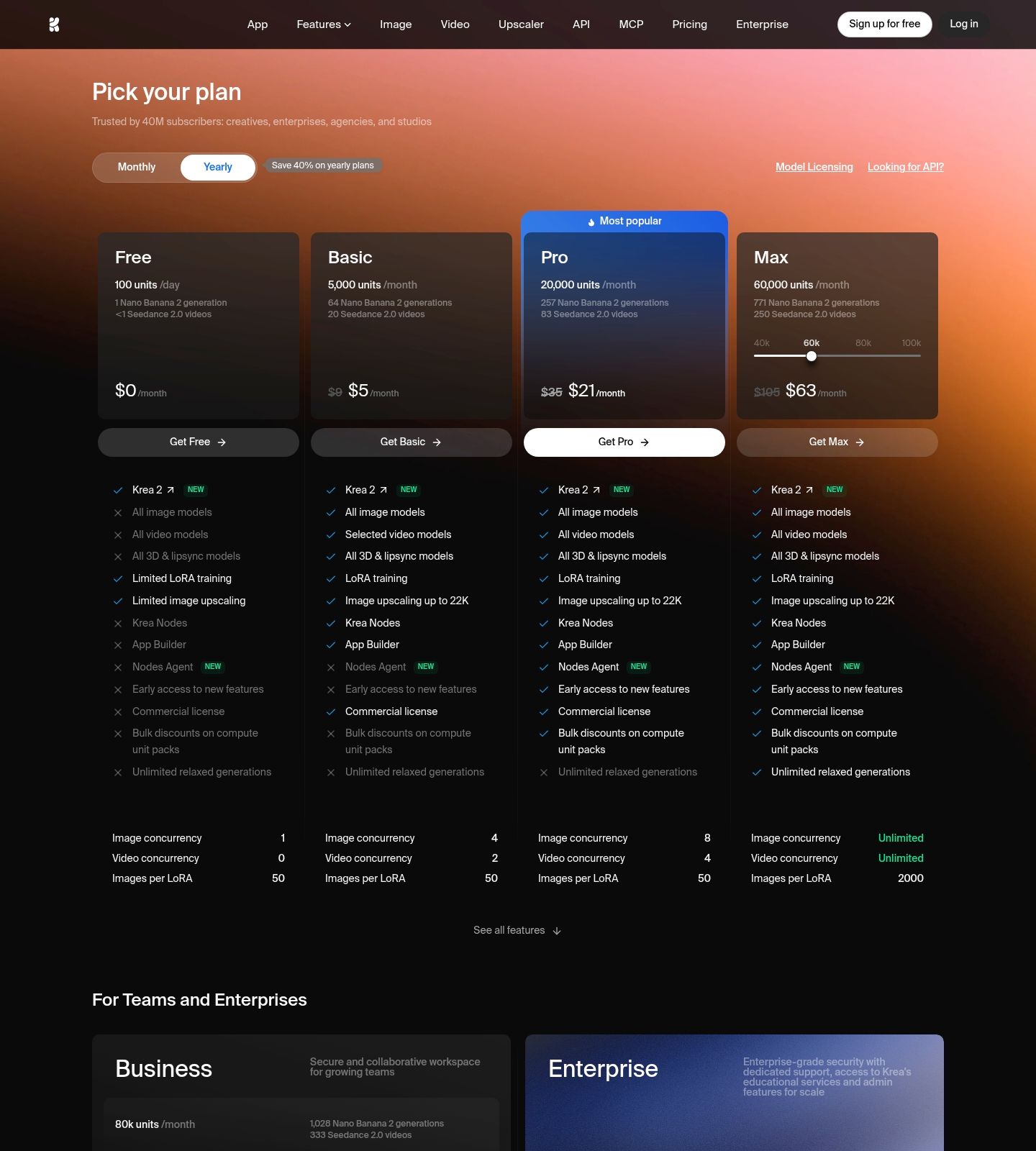 Krea Pricing Page screenshot