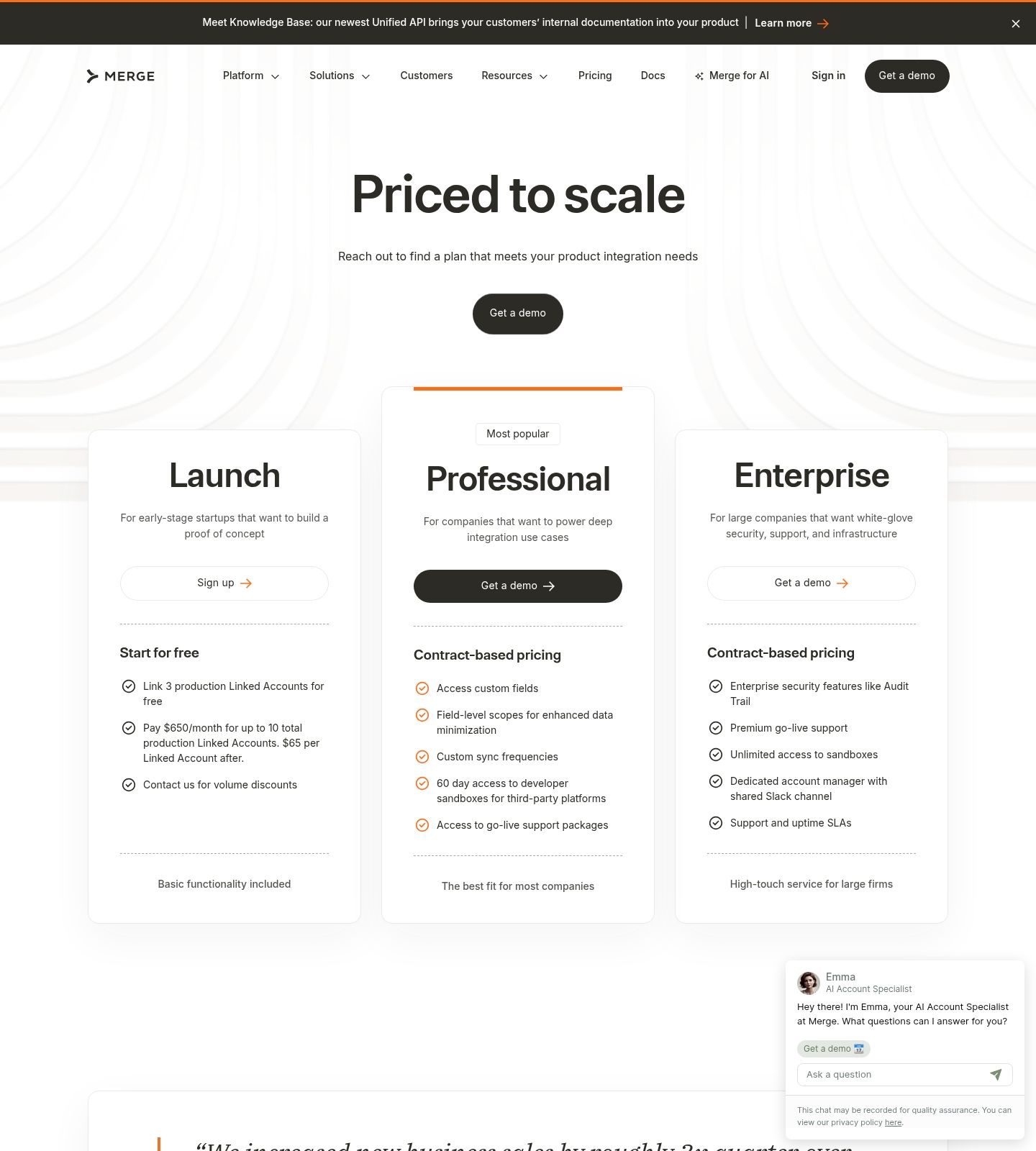Merge Pricing Page screenshot