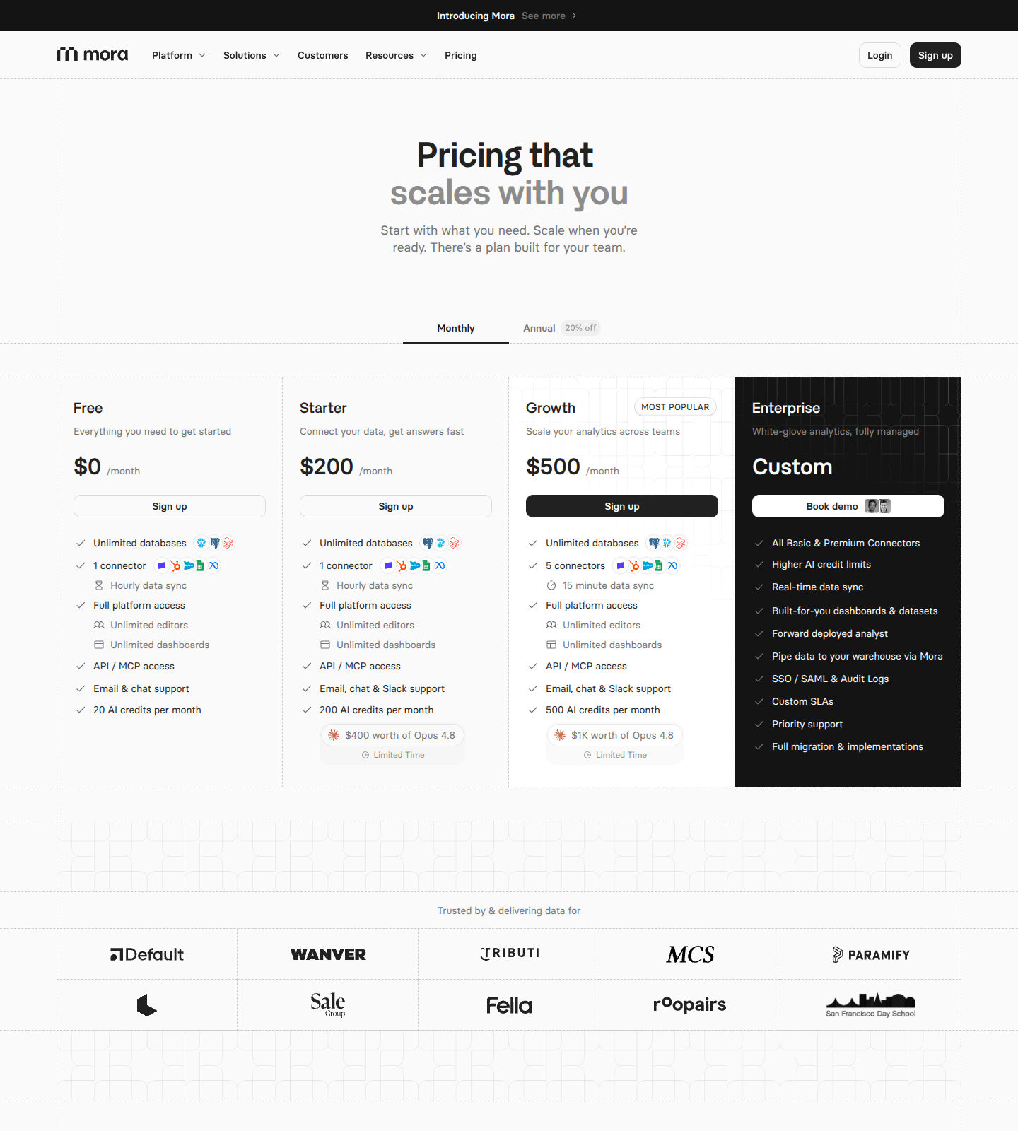 Mora Pricing Page screenshot