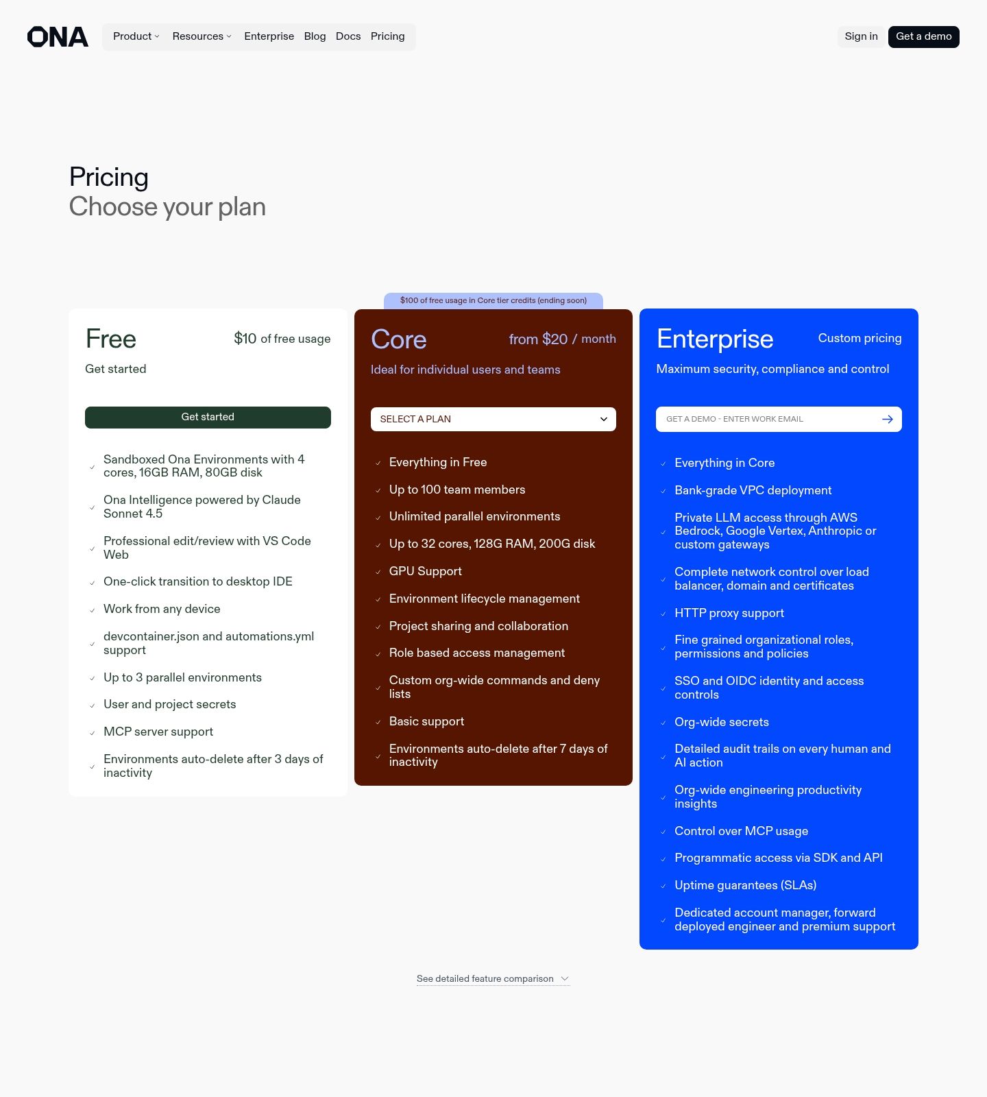 Ona Pricing Page screenshot