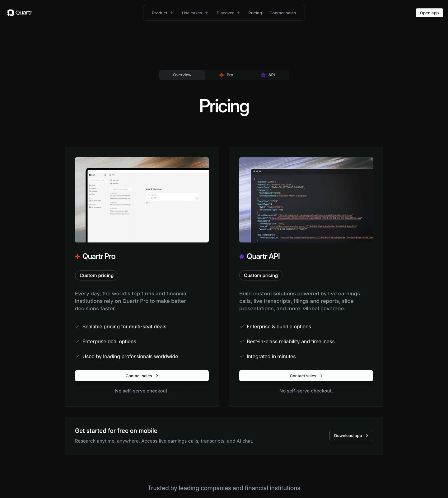 Quartr Pricing Page screenshot