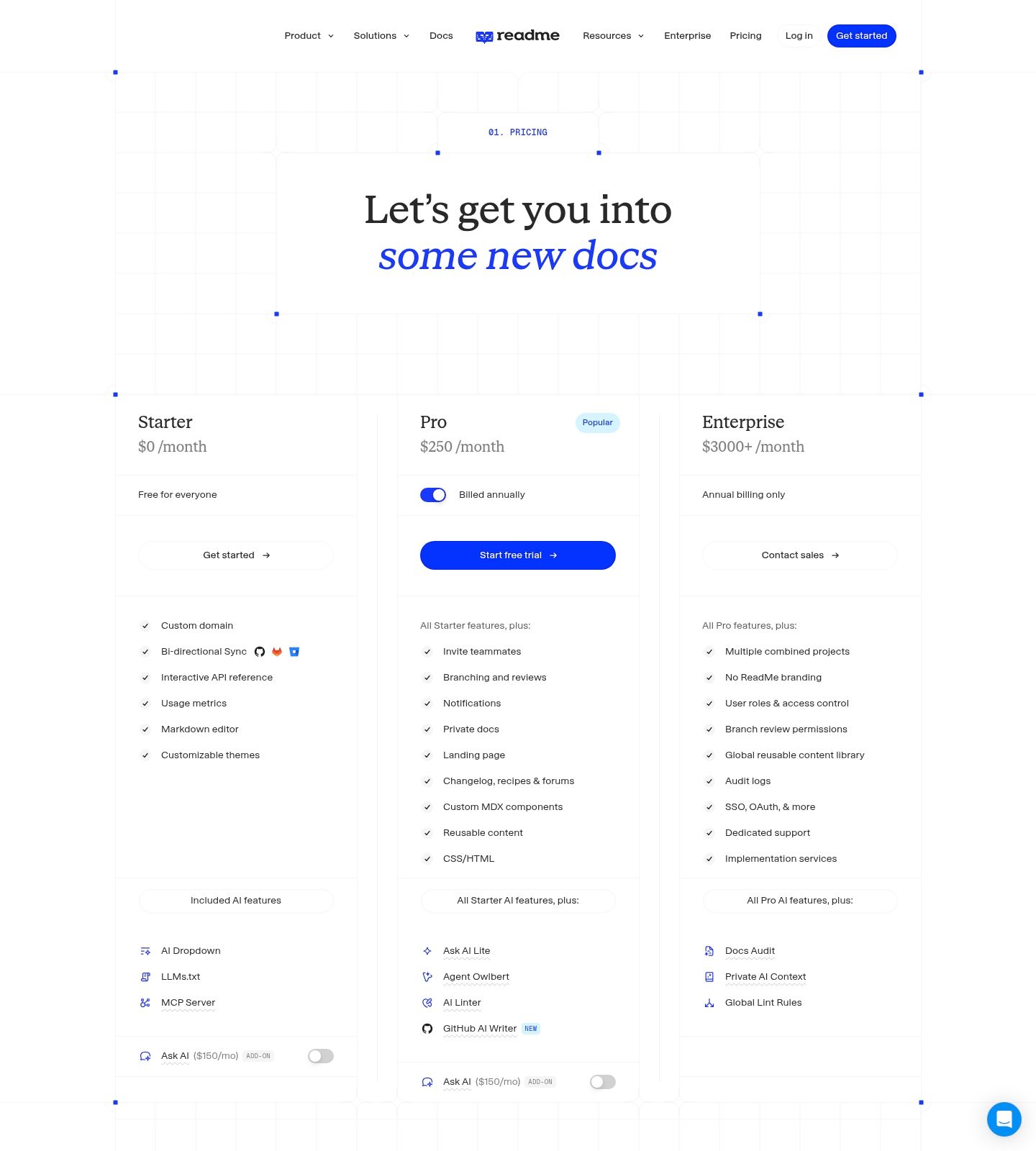 ReadMe Pricing Page screenshot