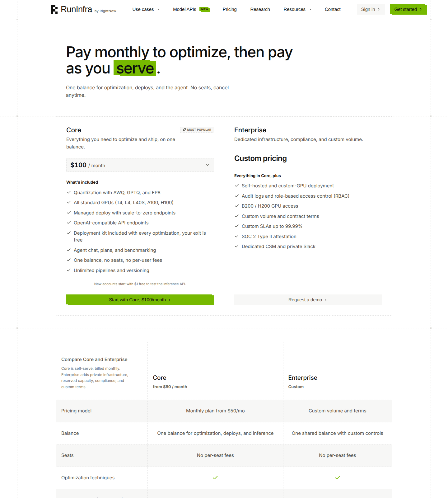 Runinfra Pricing Page screenshot