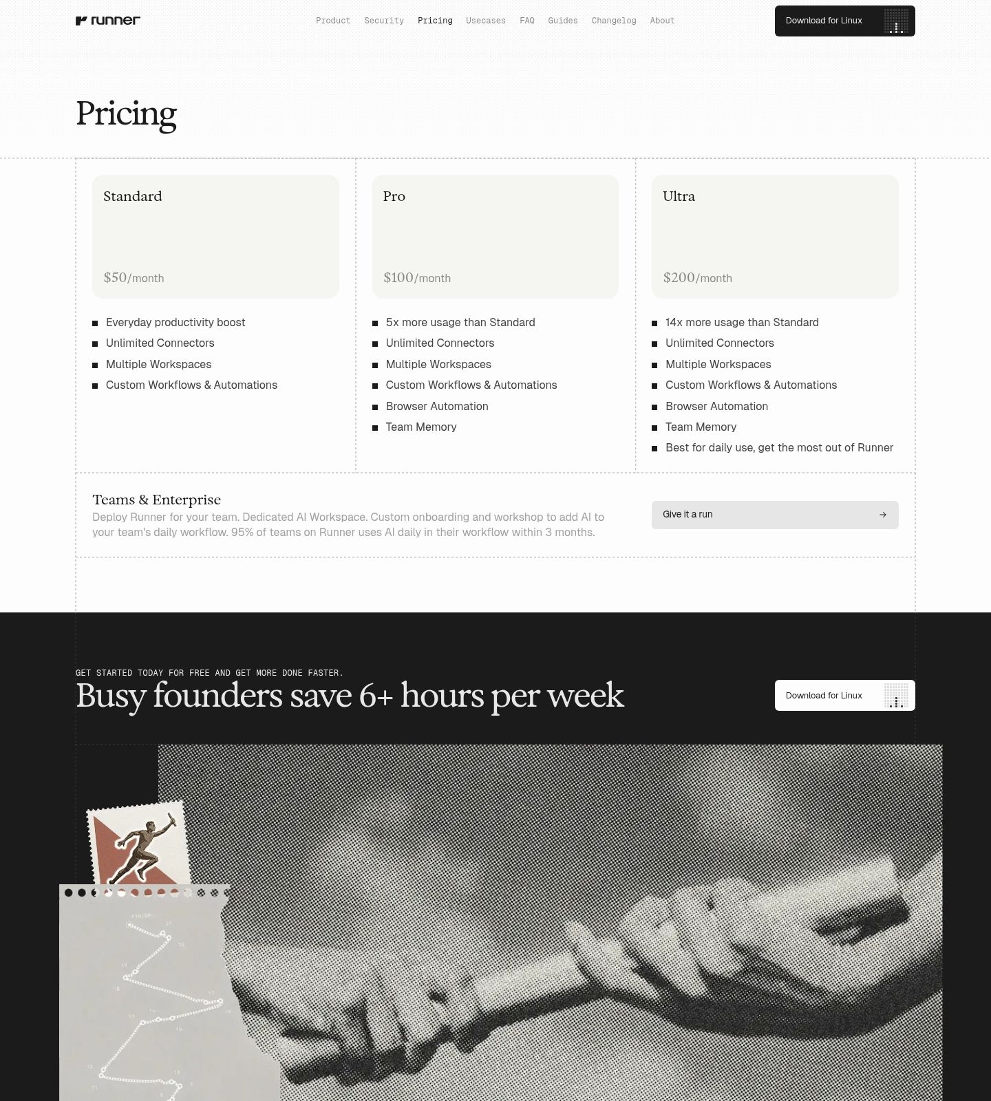 Runner Pricing Page screenshot