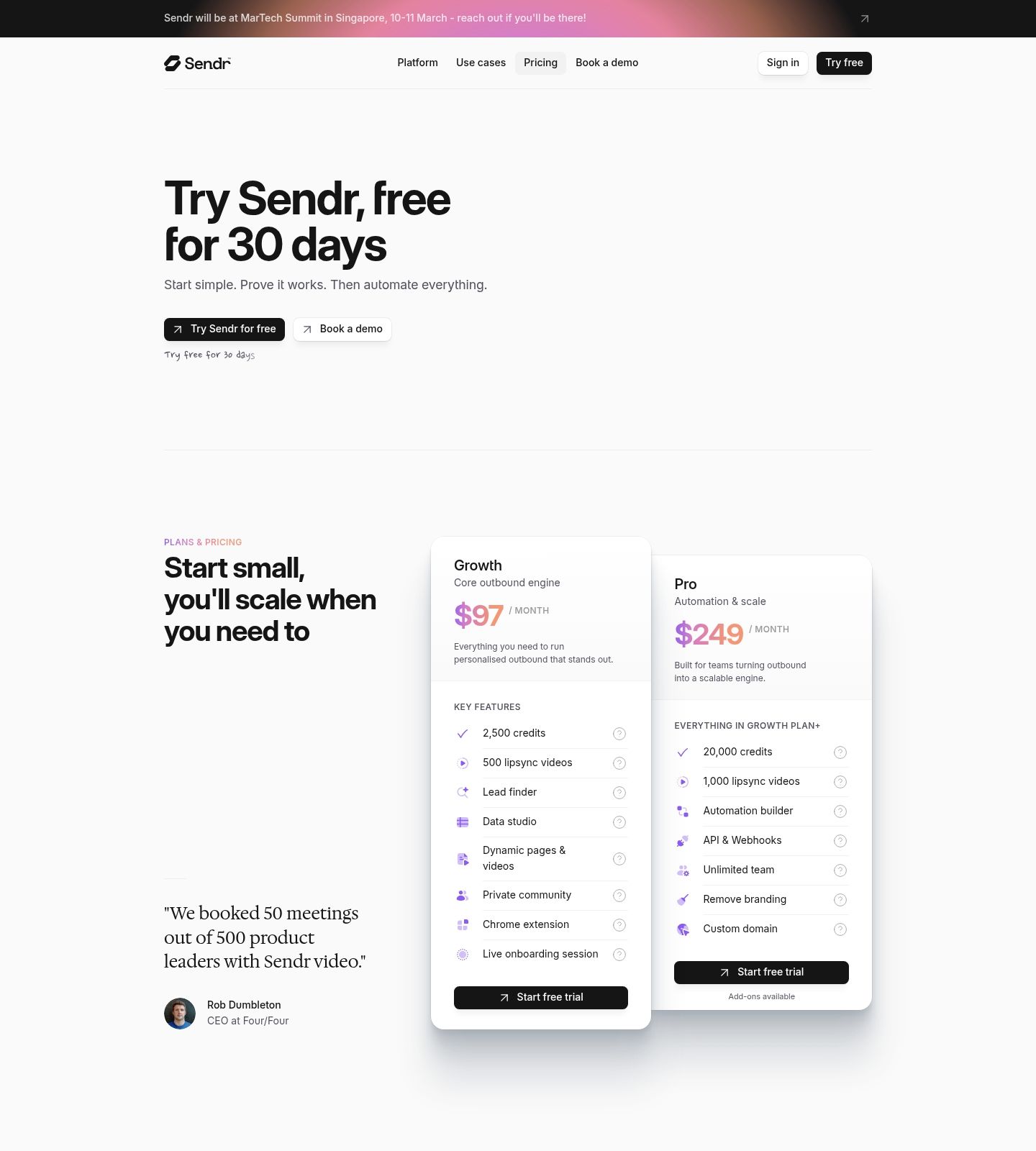 Sendr Pricing Page screenshot