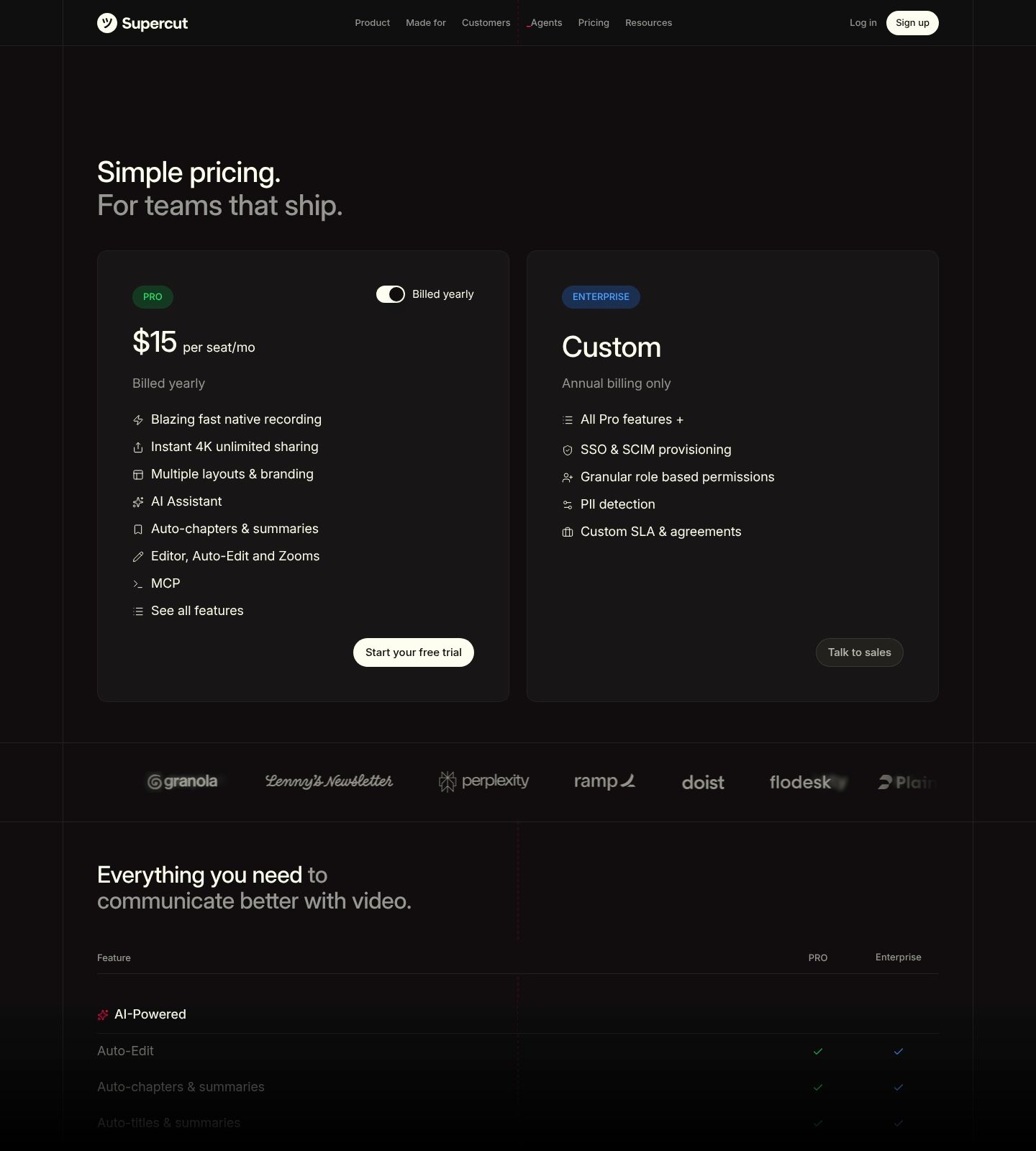 Supercut Pricing Page screenshot