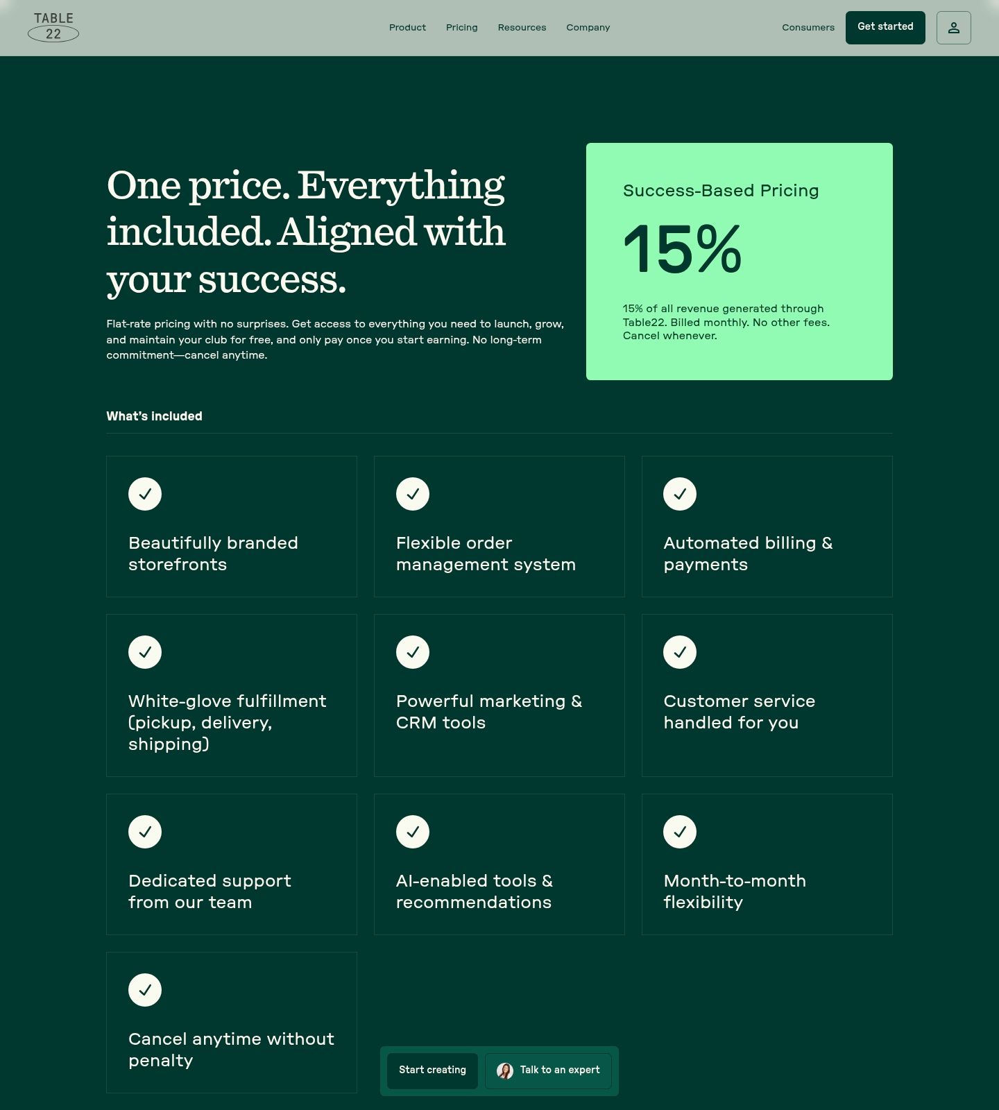 Table22 Pricing Page screenshot