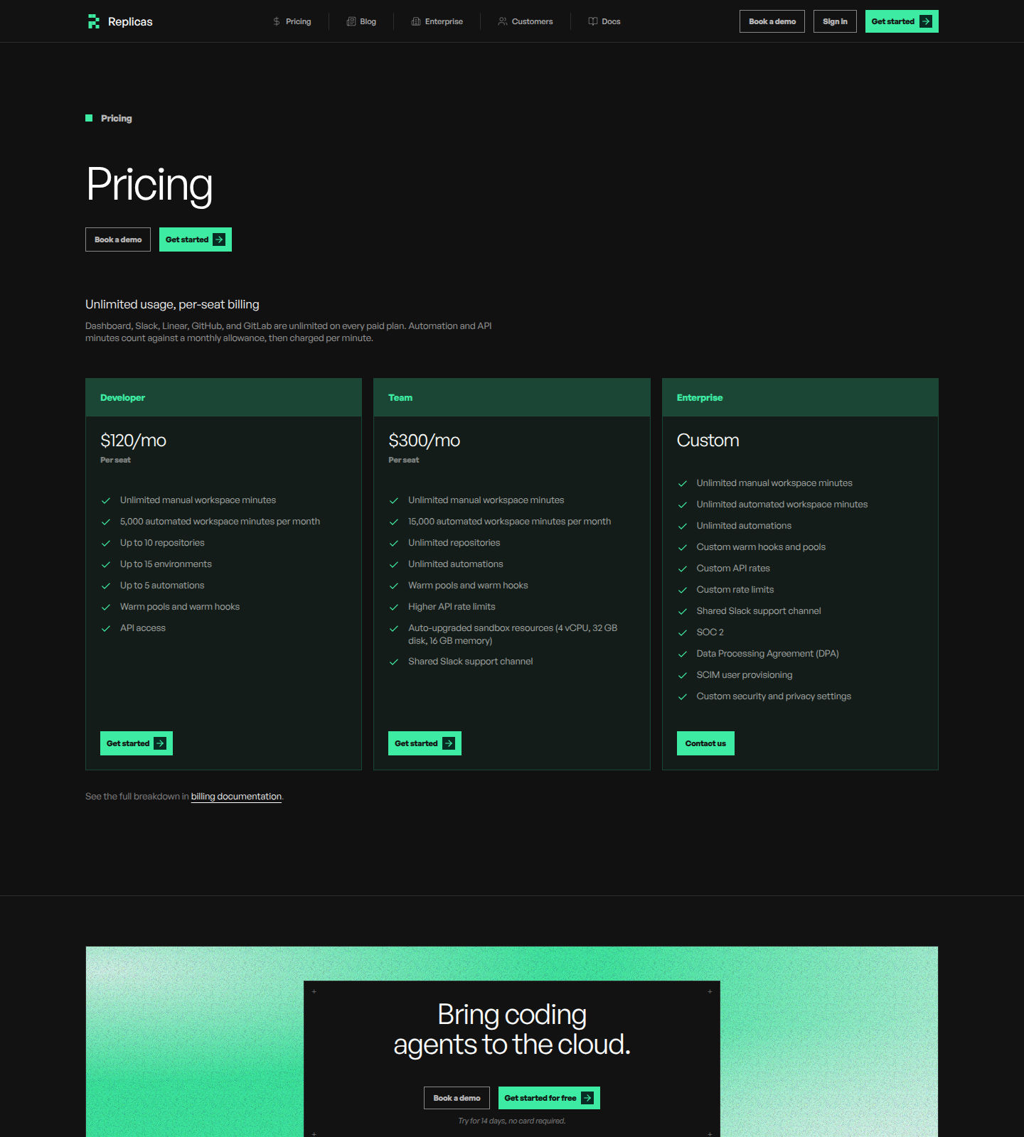 Tryreplicas Pricing Page screenshot