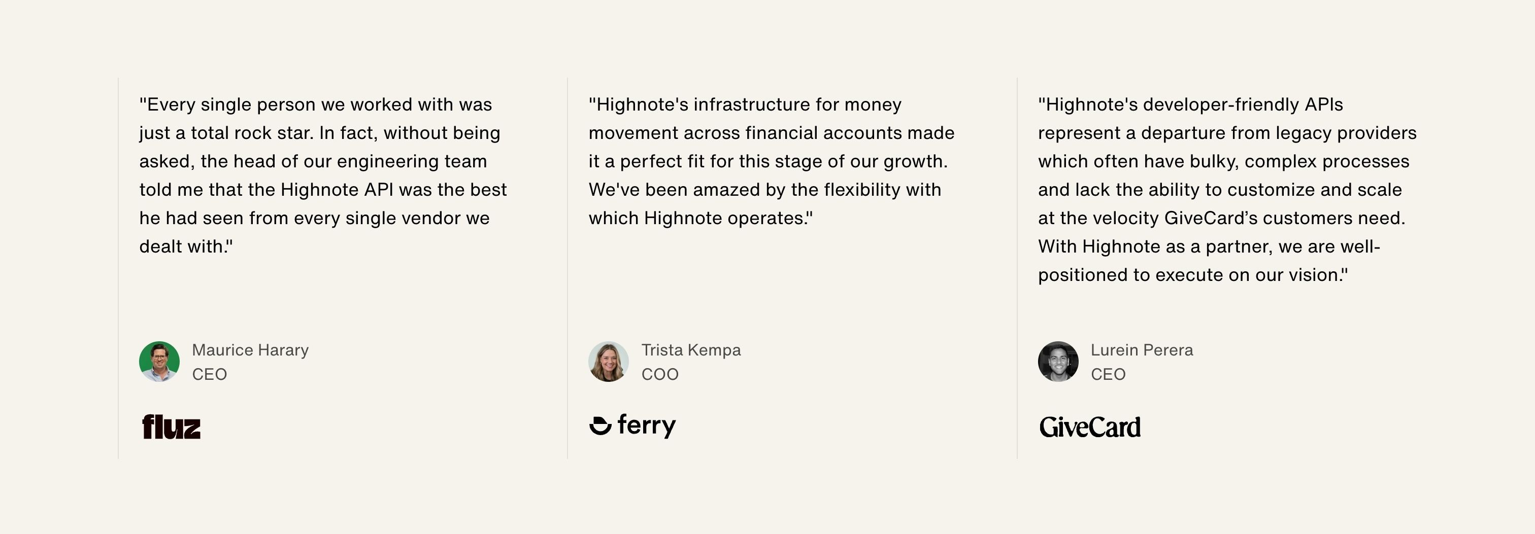 Highnote — Testimonials
