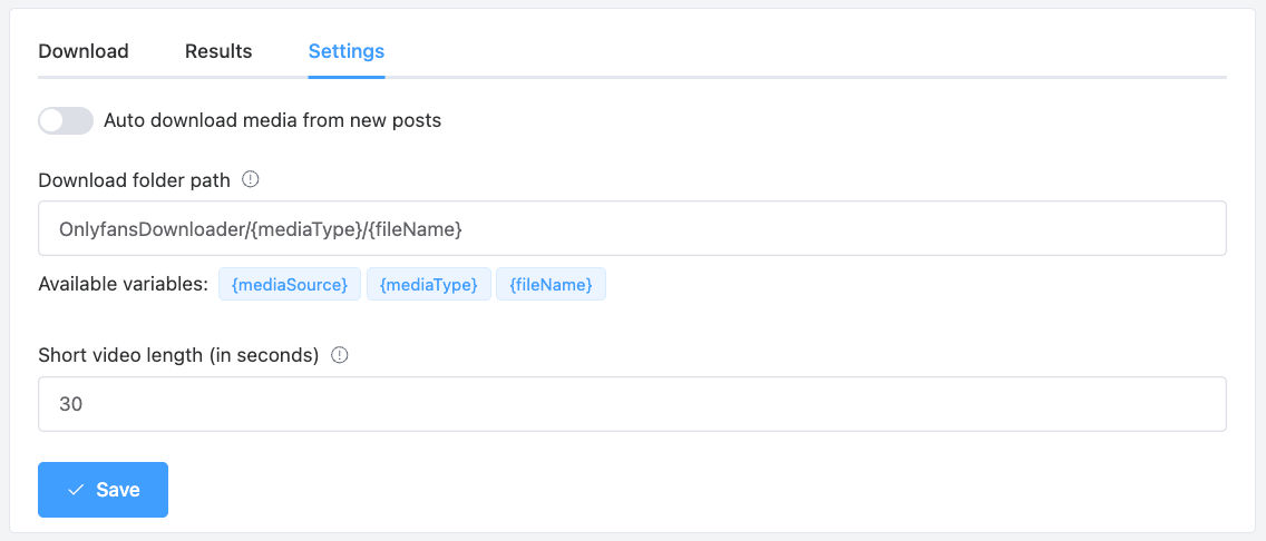 Onlyfans downloader settings: Auto download, Folder structure, Hide short video 