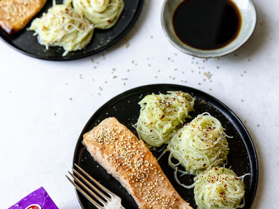 Salmon with Asian Guacamole Noodles