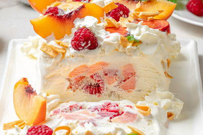 Peach Melba Ice Cream Log with Crunchy Fried Noodles